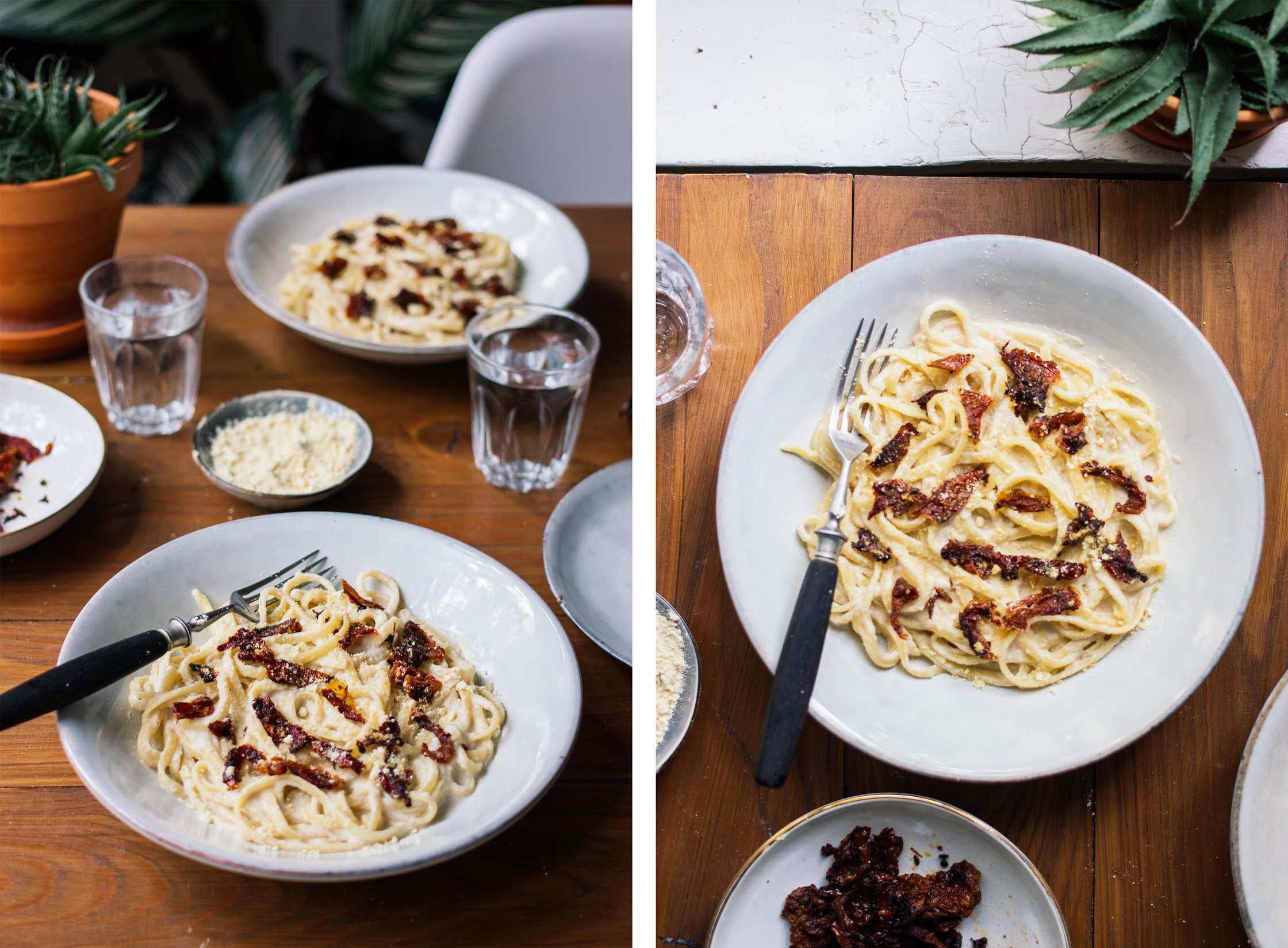 Vegane Spaghetti Carbonara serviert