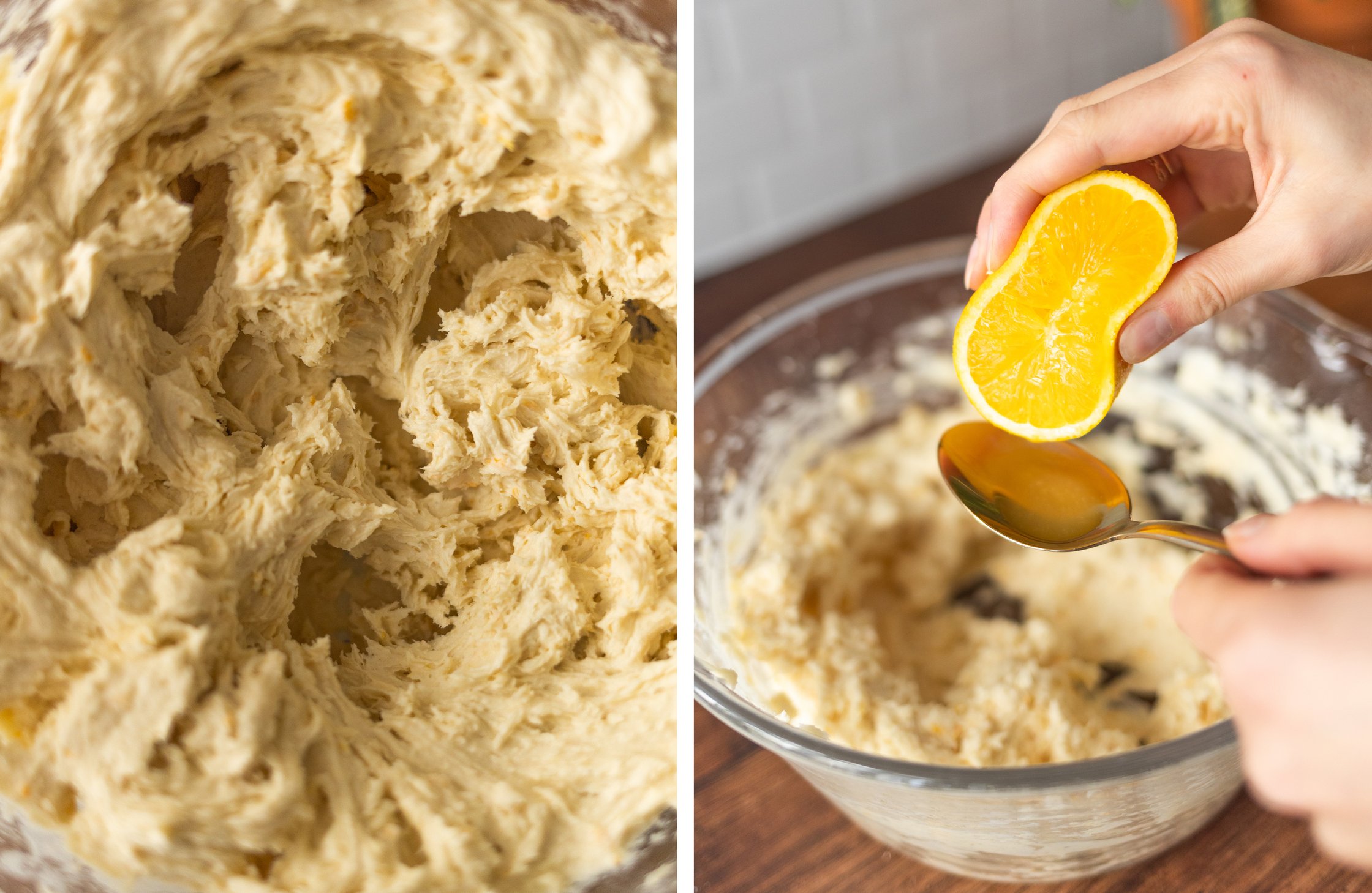 links: teig in schüssel
rechts: Orangensaft wird in schüssel zu teig hinzugebeben