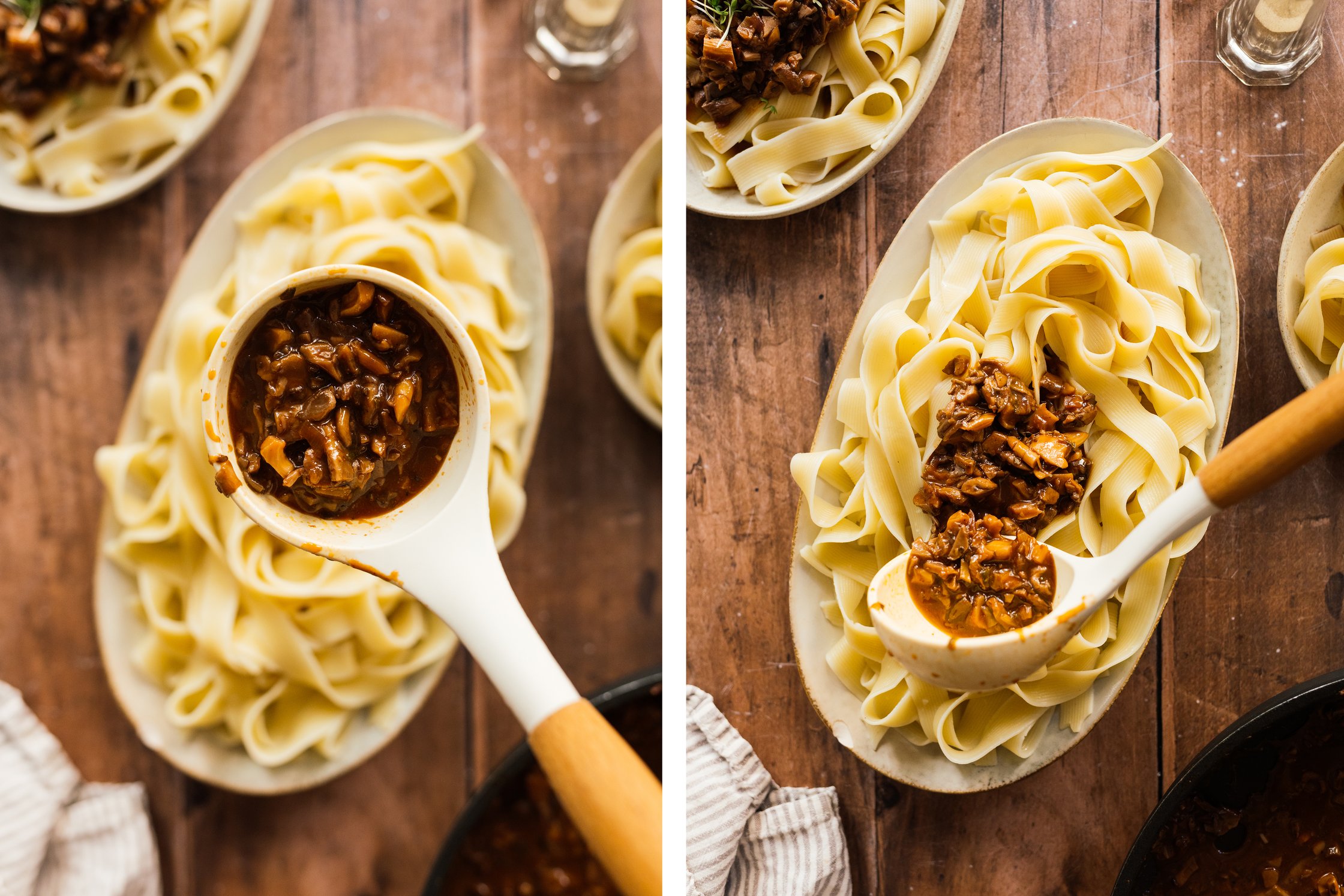 ein Teller wird angerichtet mit Pasta und veganer Pilzsoße