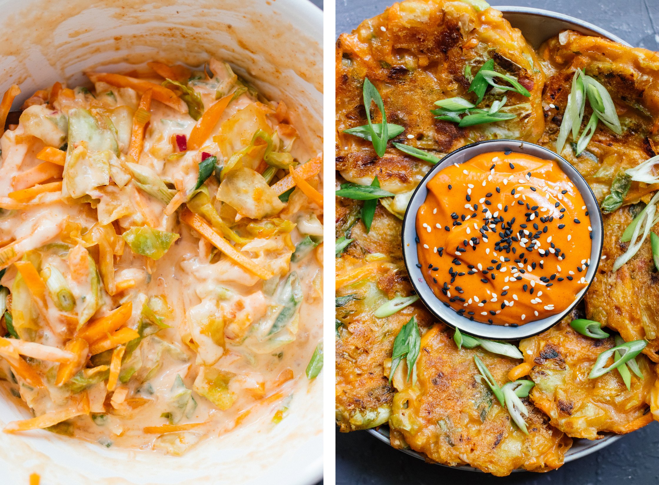 Vegan Kimchi Pancakes before and after frying