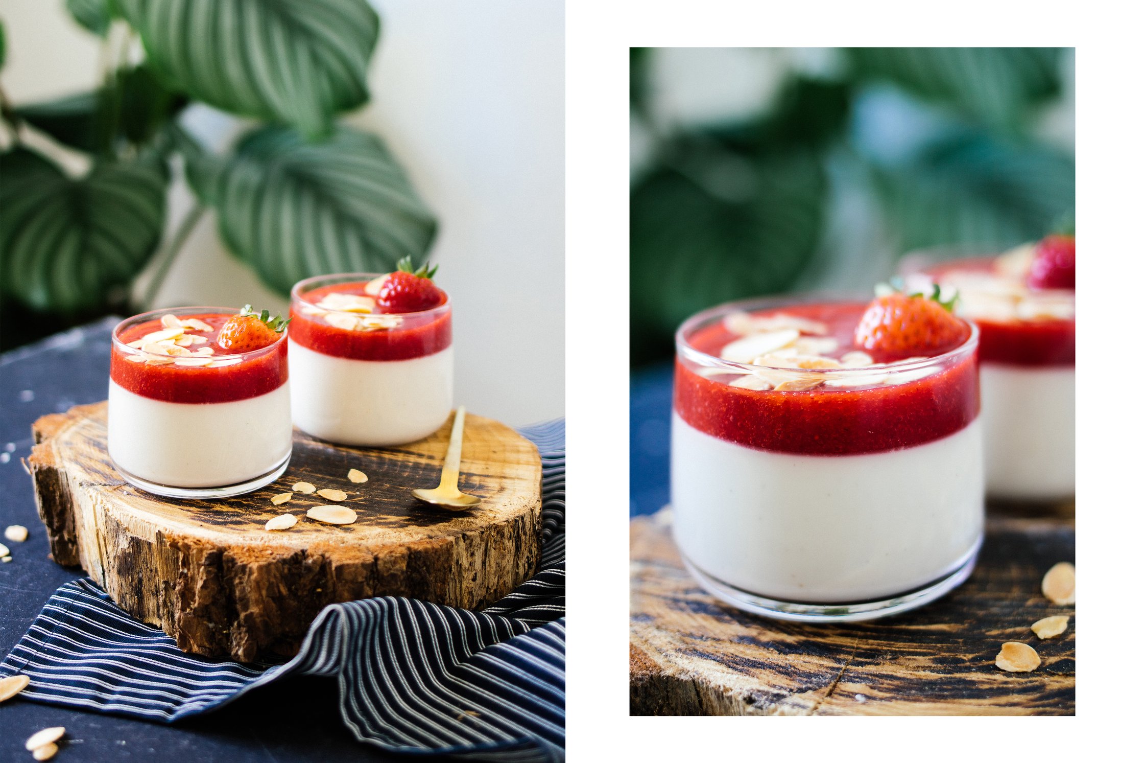 vegan panna cotta with strawberry sauce in a jar