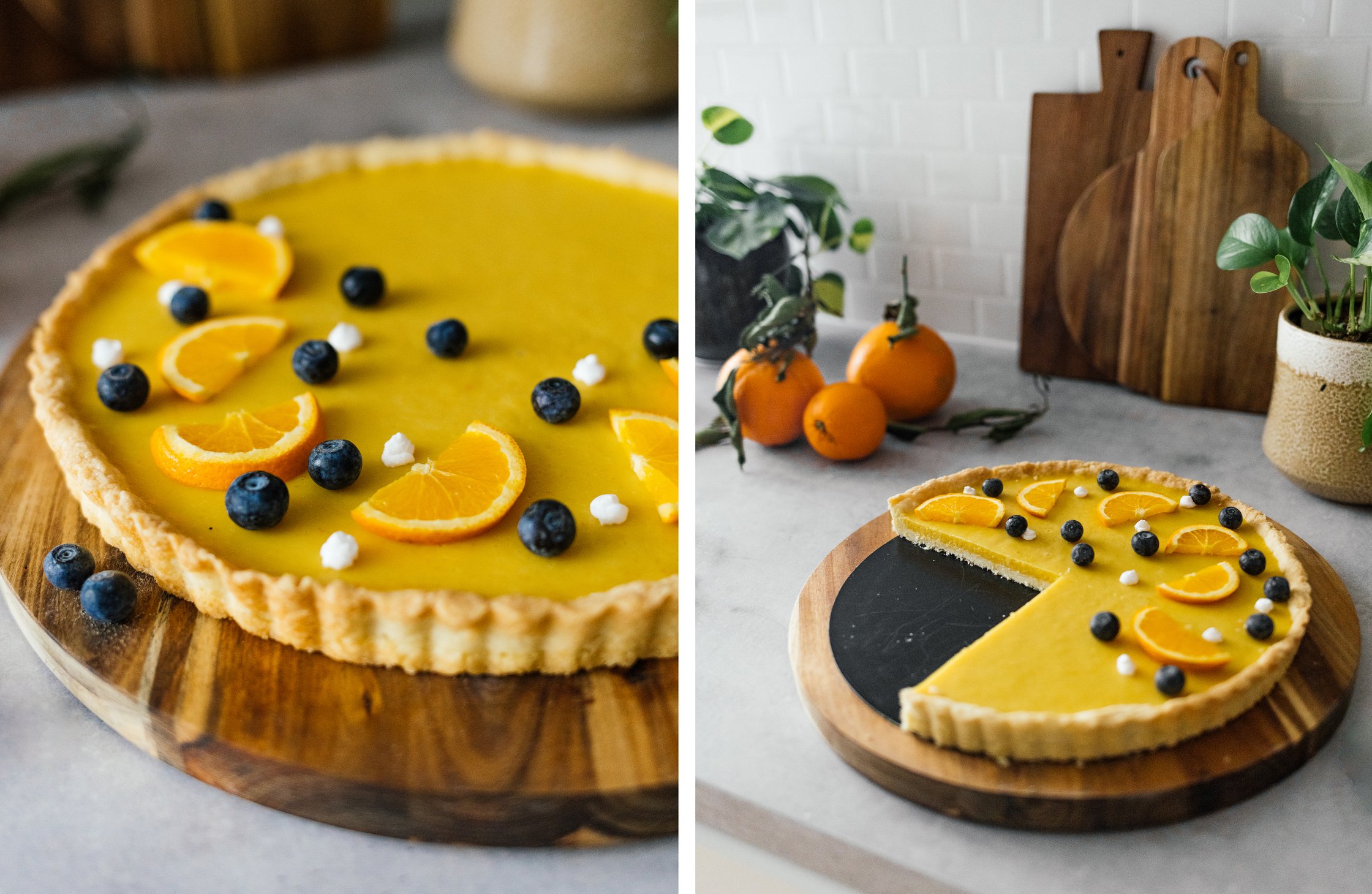 Nahaufnahme von veganer Orangen-Tarte; Orangen-Tarte angeschnitten