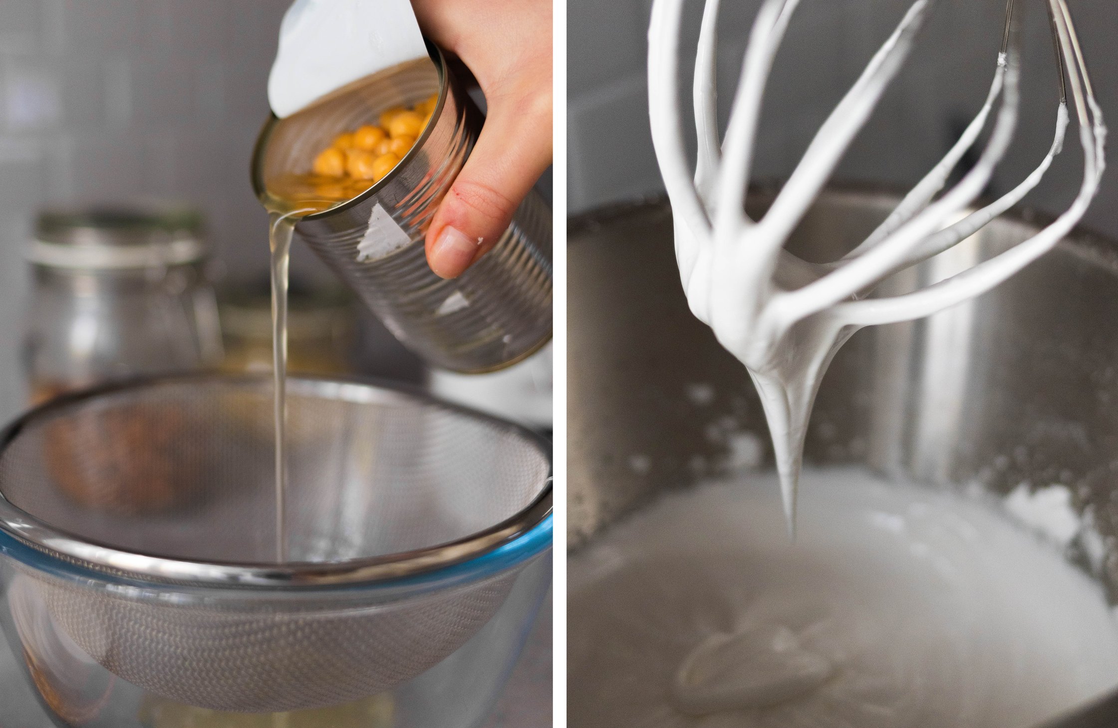 Aqua Faba is strained from a can of chickpeas and whipped