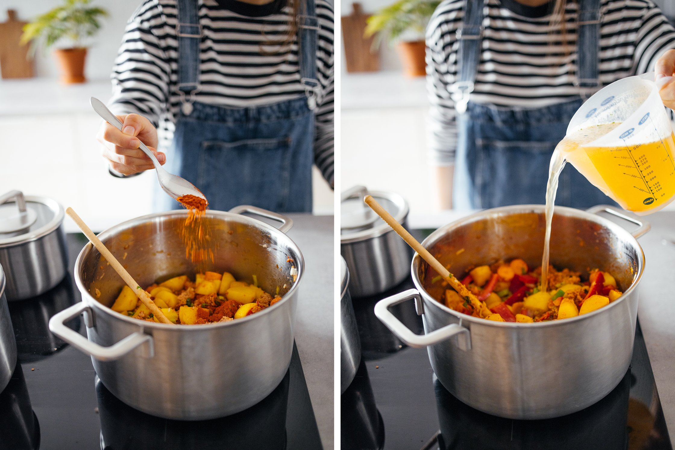 seasoning a vegan stew and adding vegetable brot