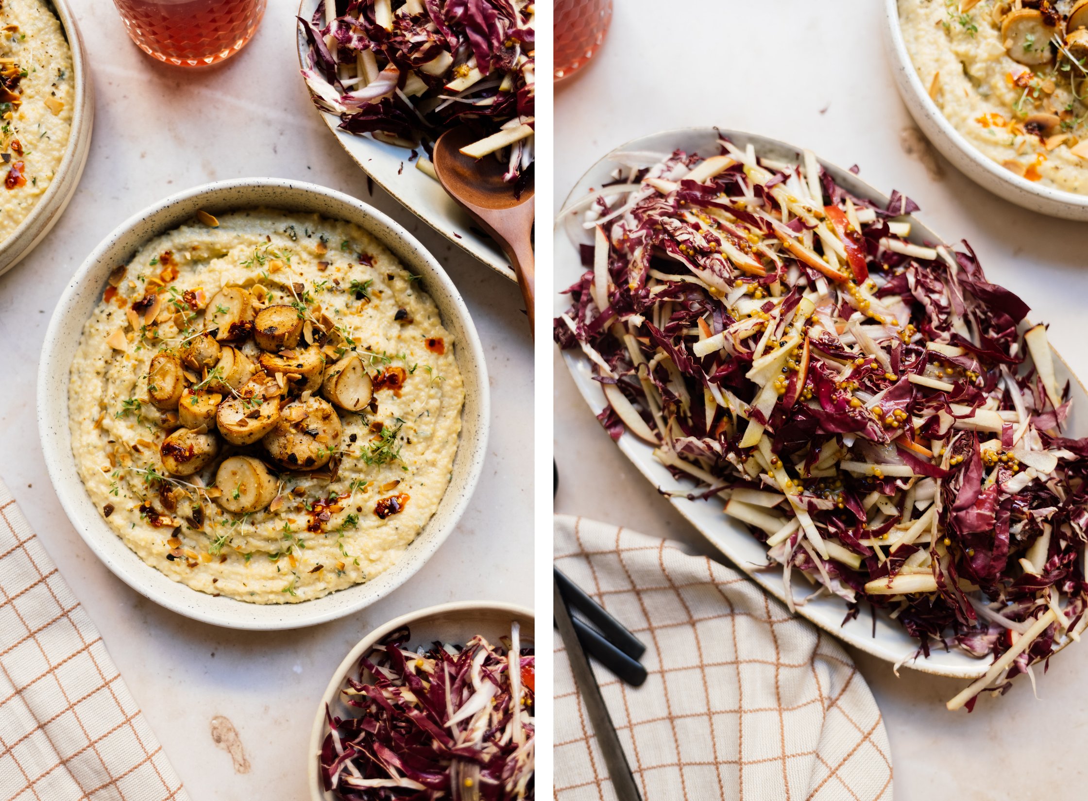 Vegane Kräuterpolenta mit Pilz-Scallops und Radicchio-Salat auf dem Tisch