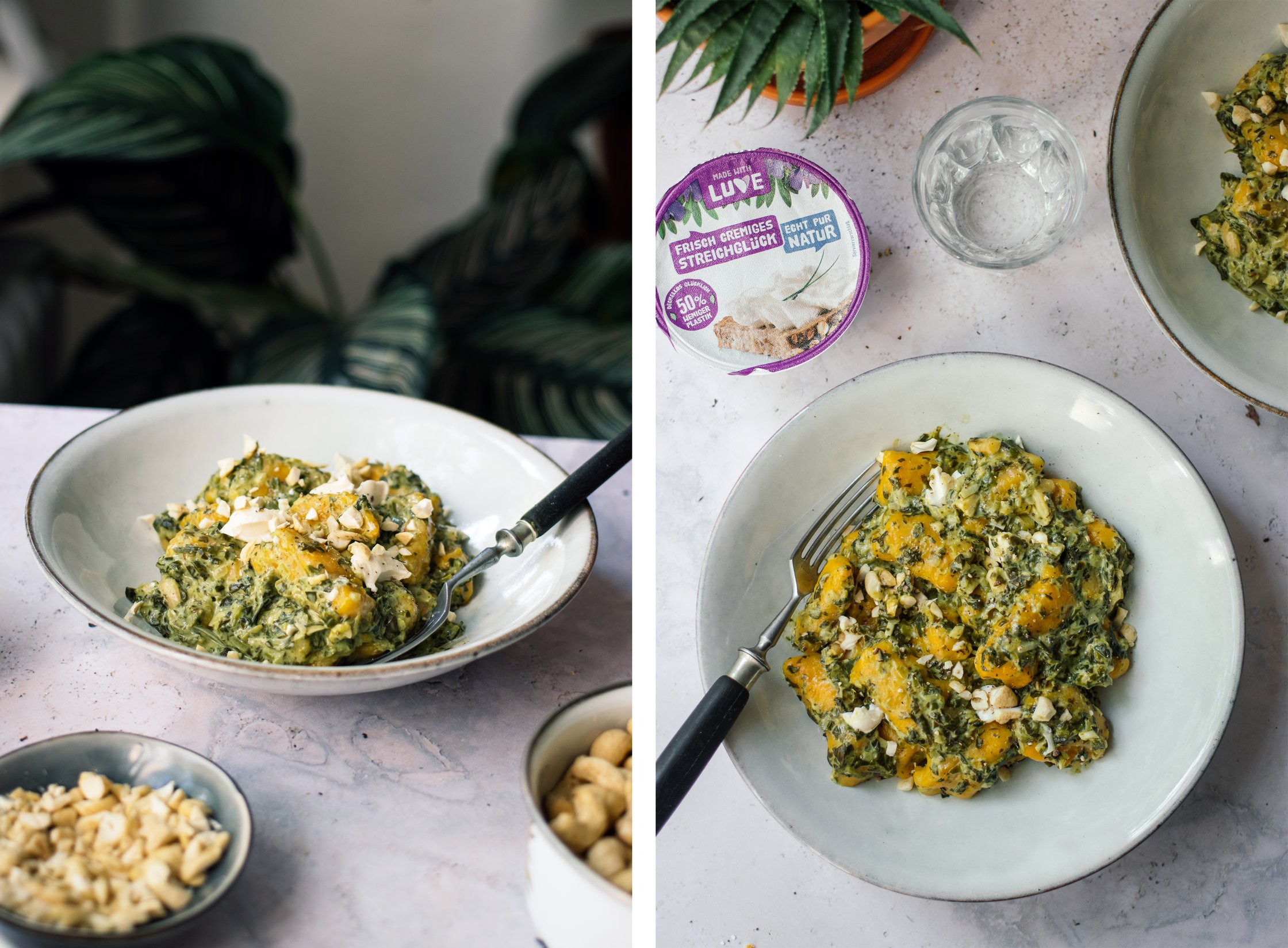 Vegane Kürbisgnocchi mit cremiger Spinat-Frischkäse-Soße auf dem tisch