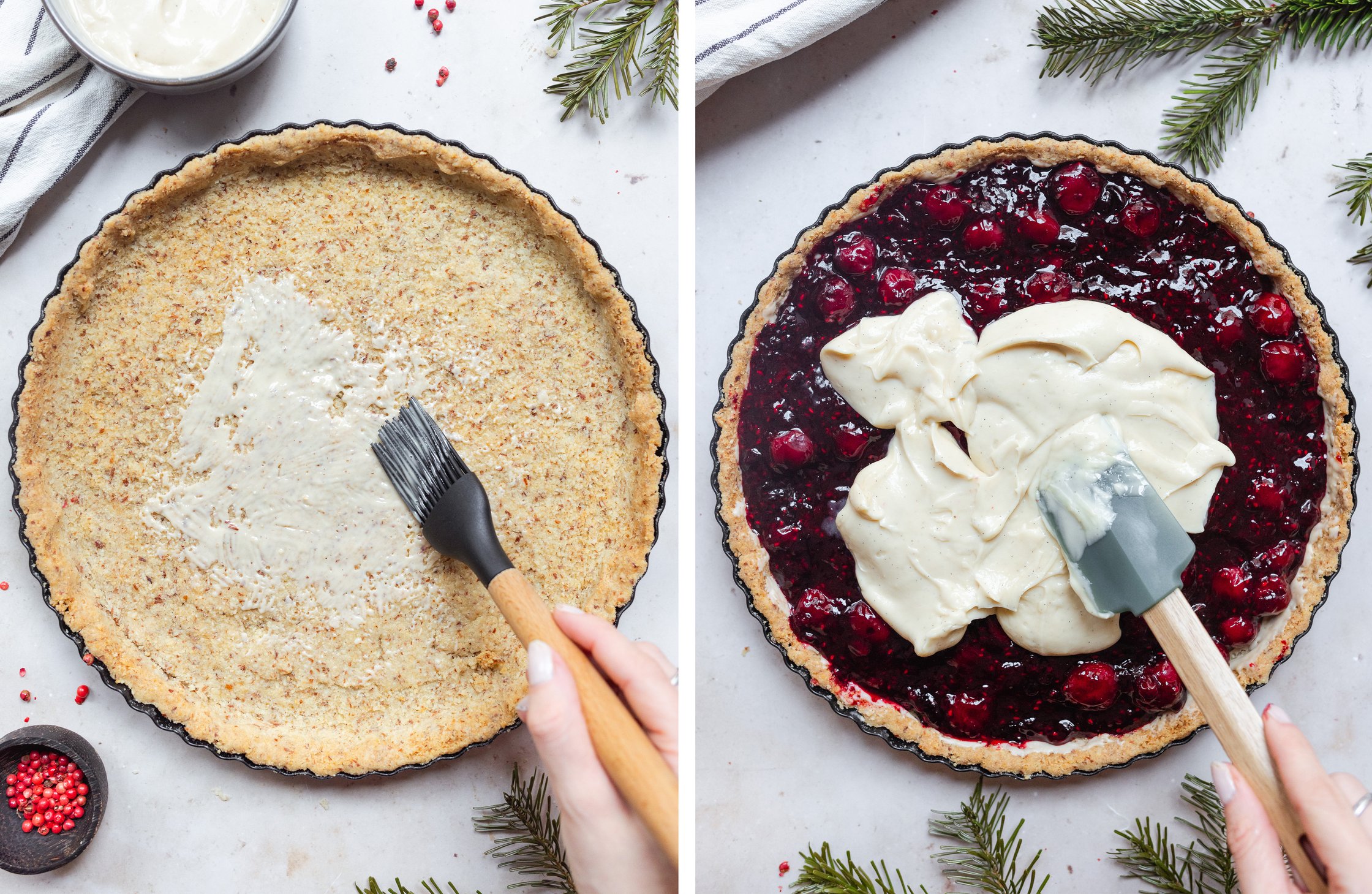 Beeren und Creme werden auf der Tarte verteilt