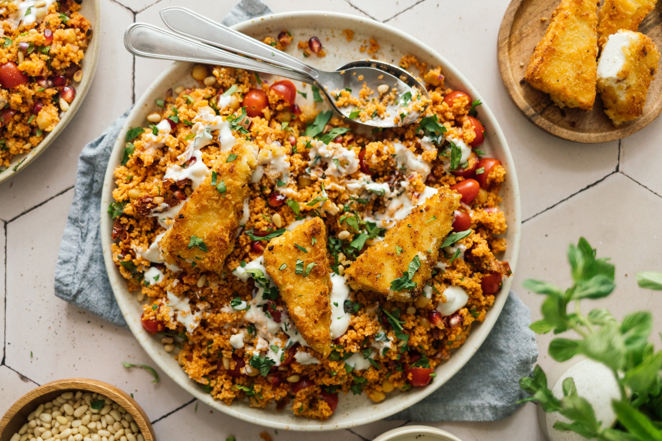 topshot of Couscous Salad with Crispy Plant-Based Feta Cheese