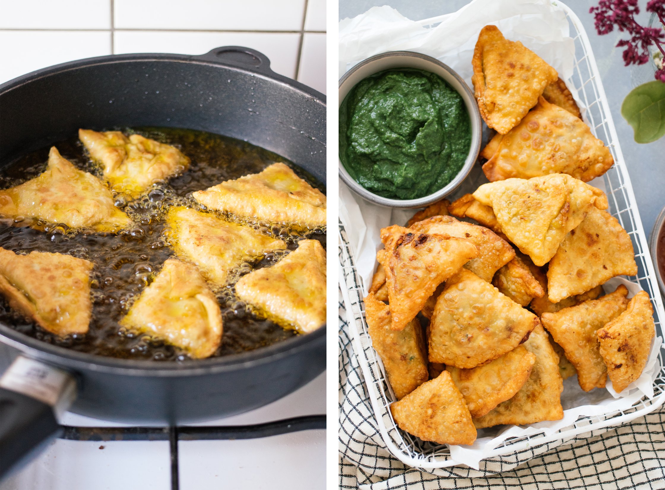 vegan samosas while and after deep frying