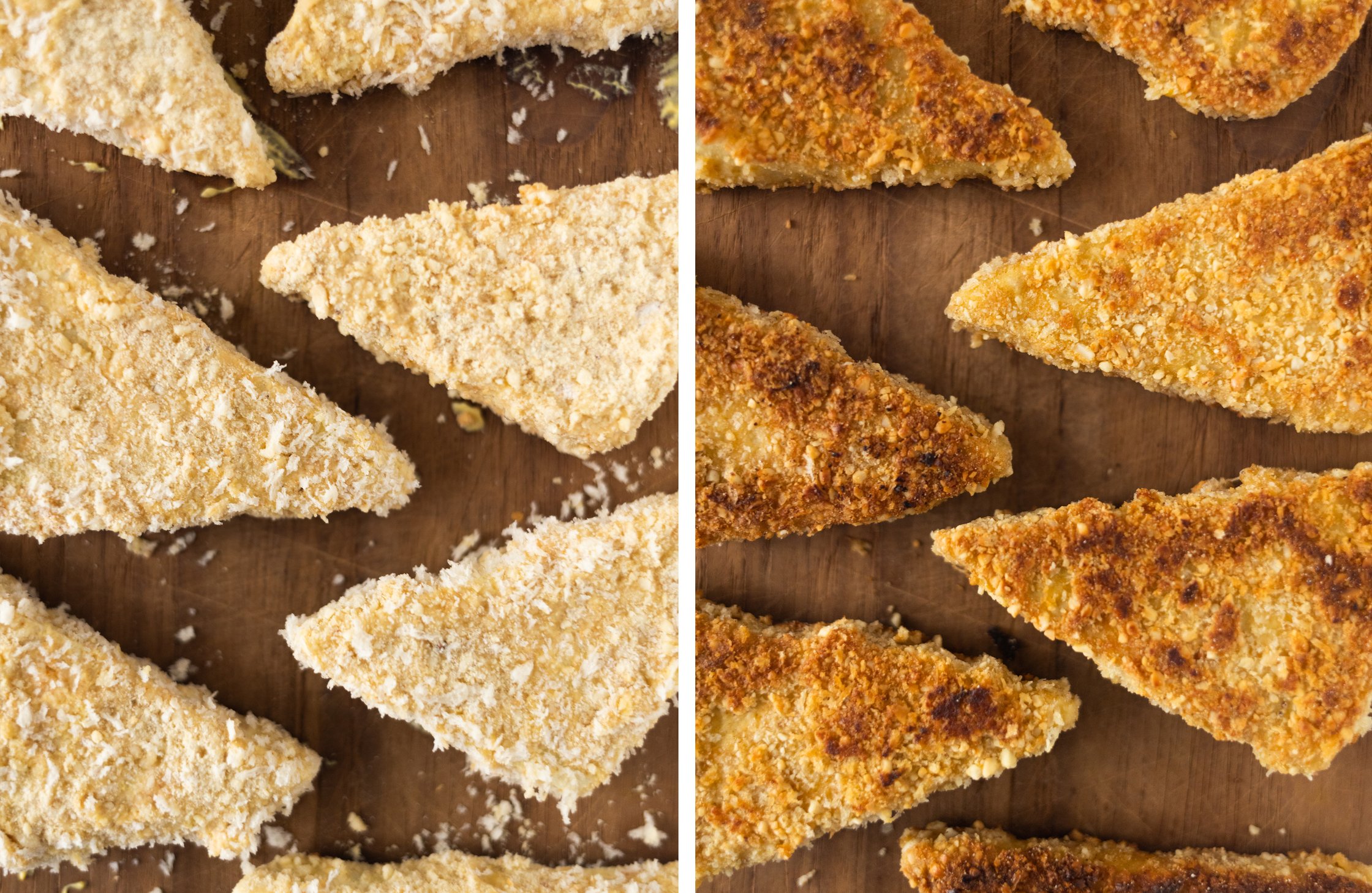 left: Tofu in breading before frying
right: Tofu in breading after deep frying