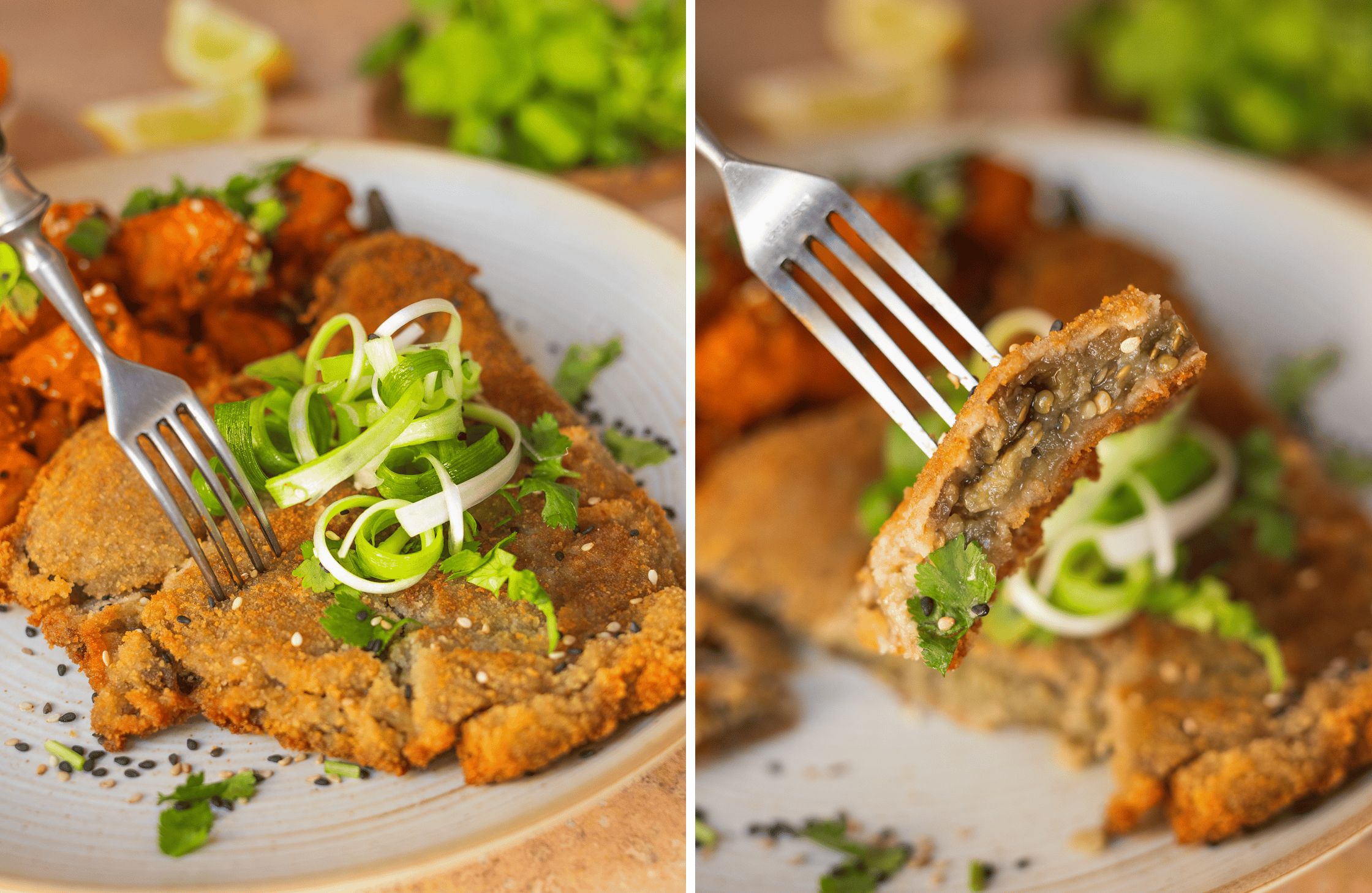 A vegan eggplant schnitzel is on a plate next to a Gochujang potato salad. A fork holds up a piece of the eggplant schnitzel
