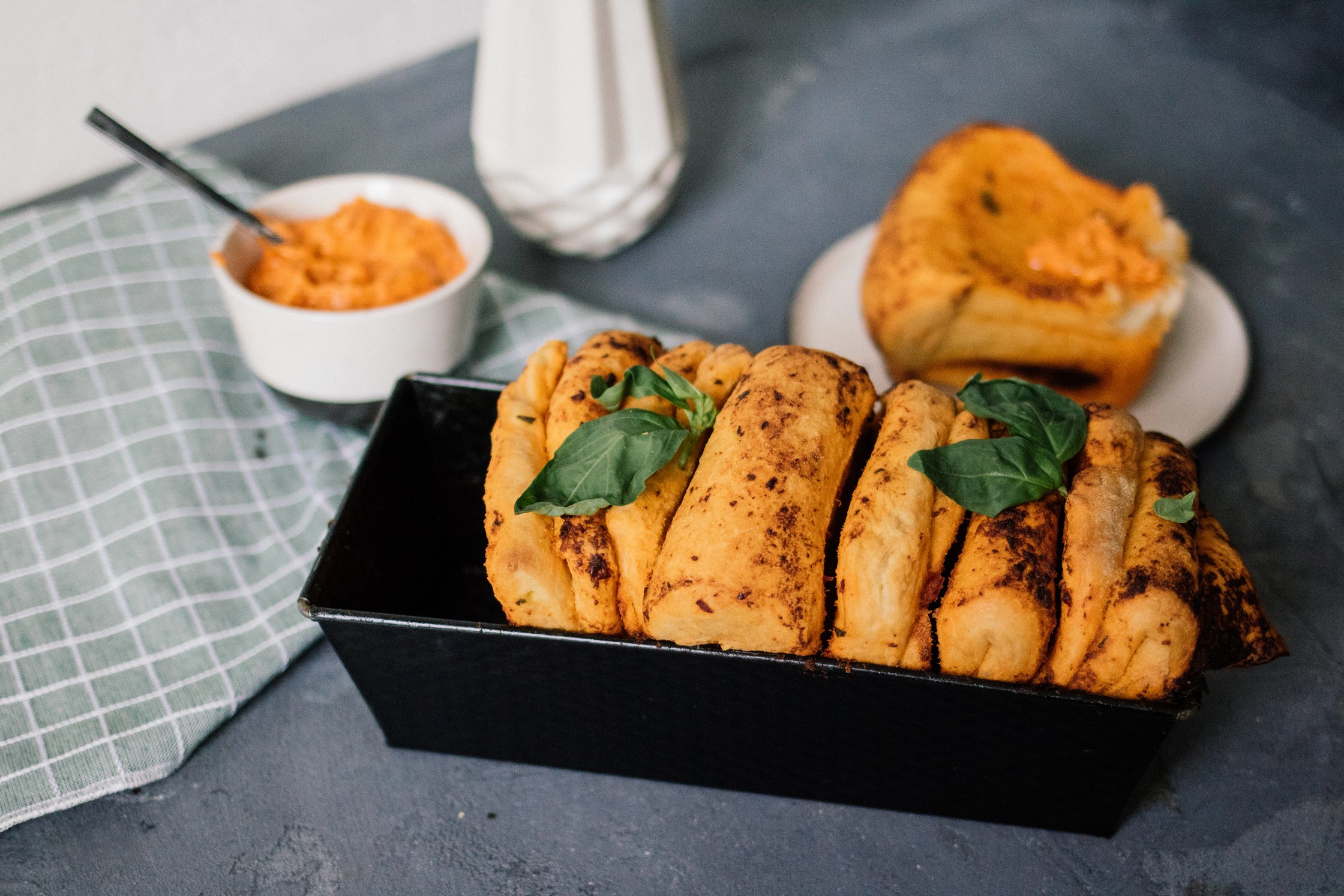 vegan pull apart bread after baking on the table