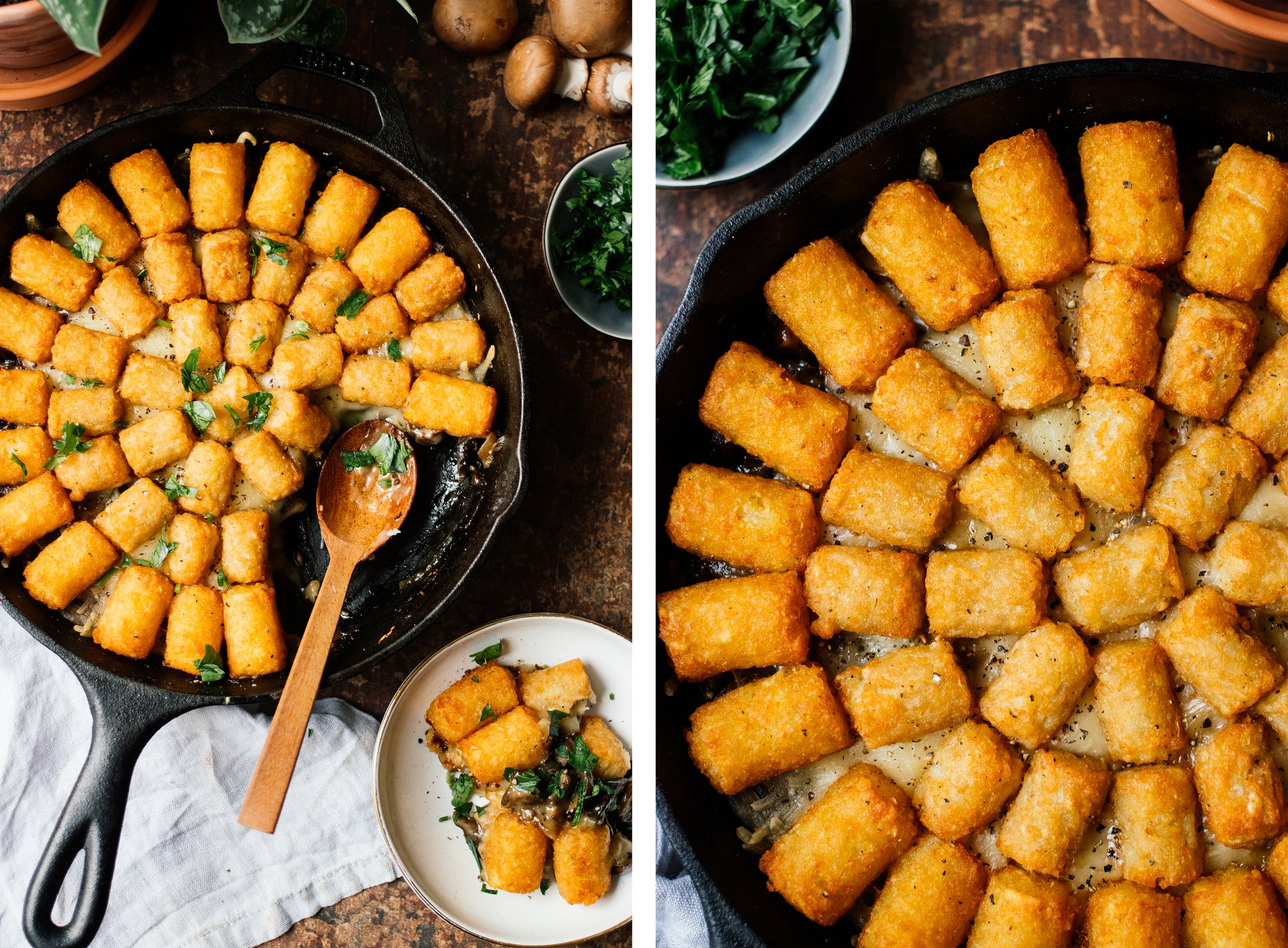 close up of Vegan Tater Tot Casserole with Mushrooms