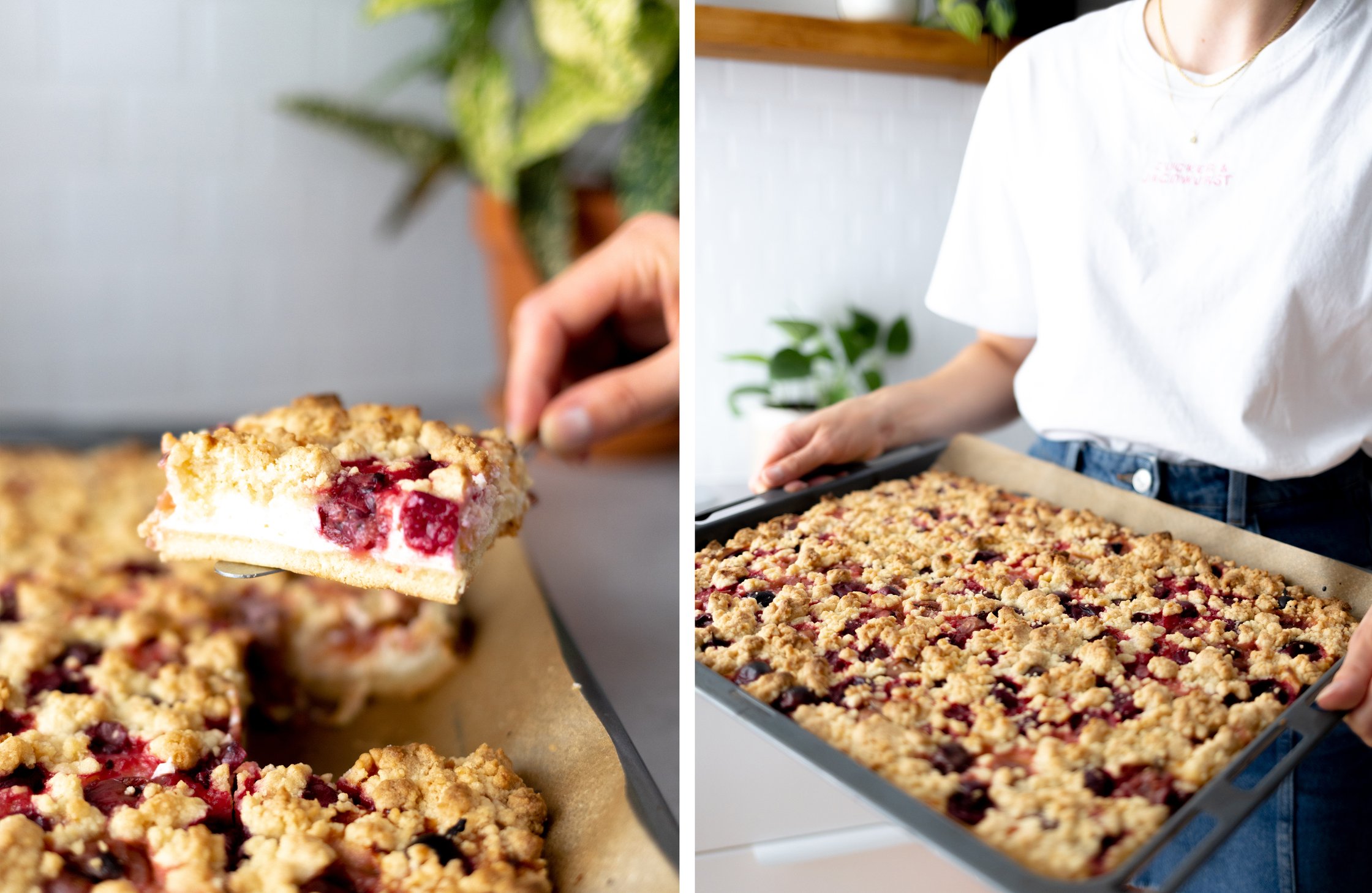 vegan crumble cake with gooseberries baked on a tray. left: close-up of one piece, right: whole tray in hands