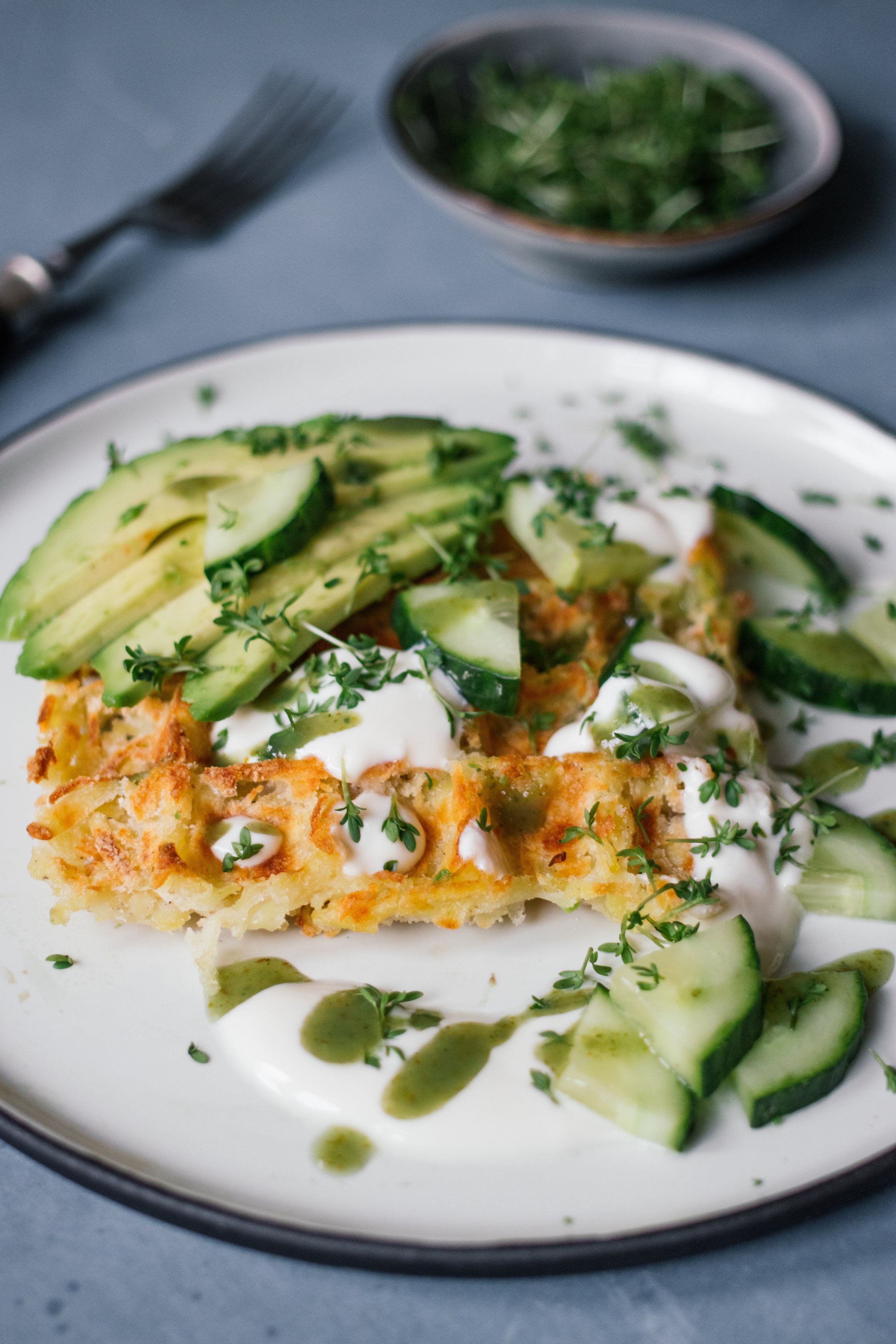 vegan potato waffle with avocado and cucumber