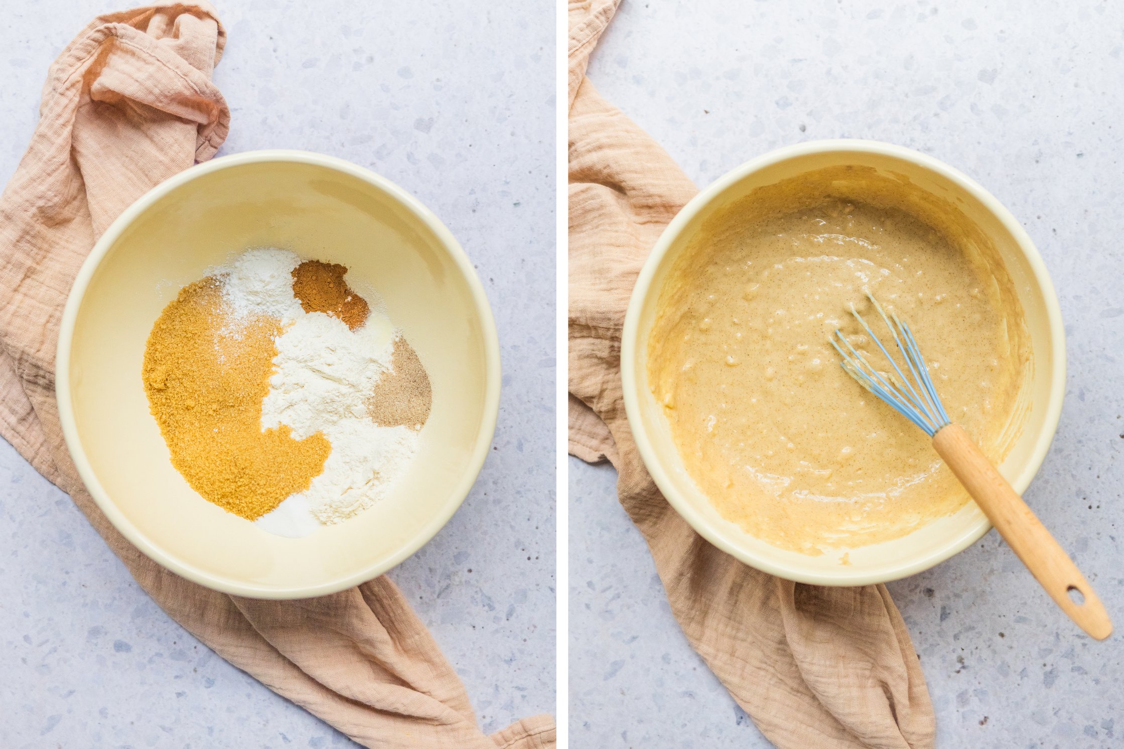 dry ingredients for vegan banana bread in a large bowl. on the second picture are also the liquid ingredients in the bowl.