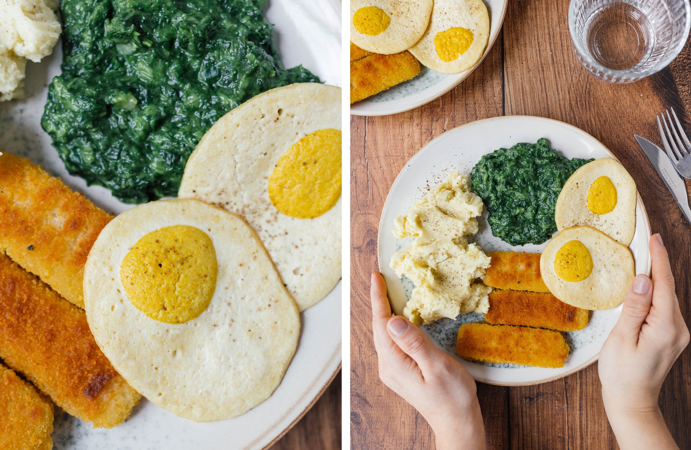 mashed potatoes with creamed spinach, vegan fried eggs and vegan fish fingers on a plate