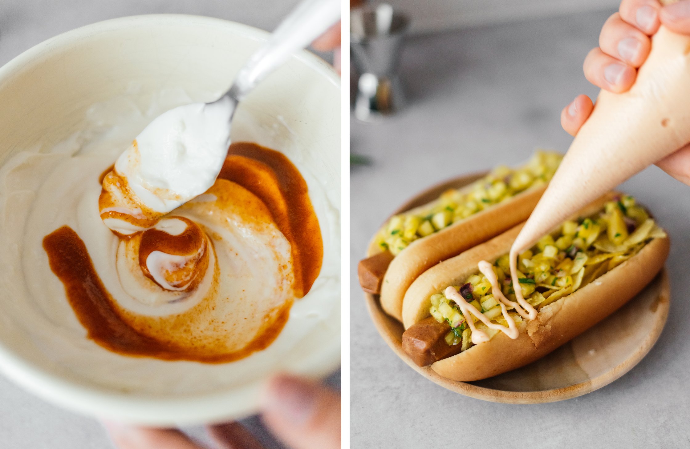 Sriracha Mayonnaise; vegane Hot Dogs anrichten