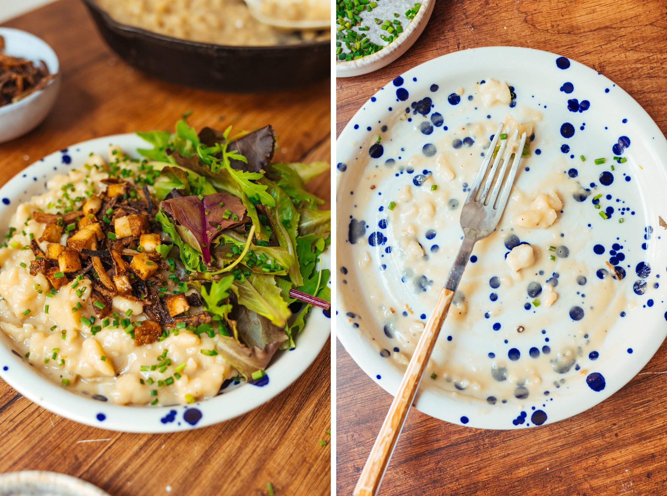 aufgegessener teller vegane käsespätzle