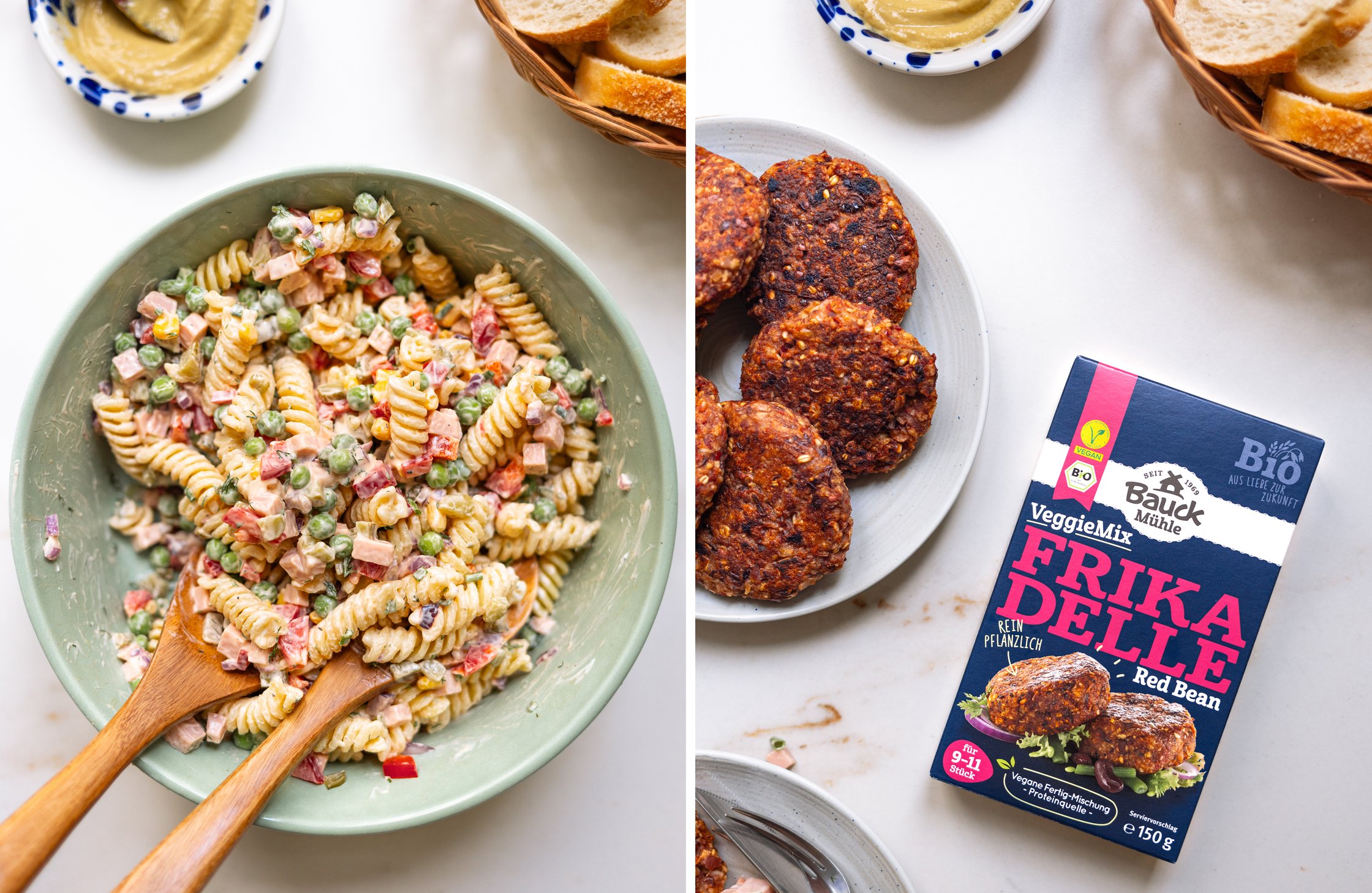 The finished pasta salad is served in a large bowl and the patties are arranged on a plate with the Bauck product pack next t