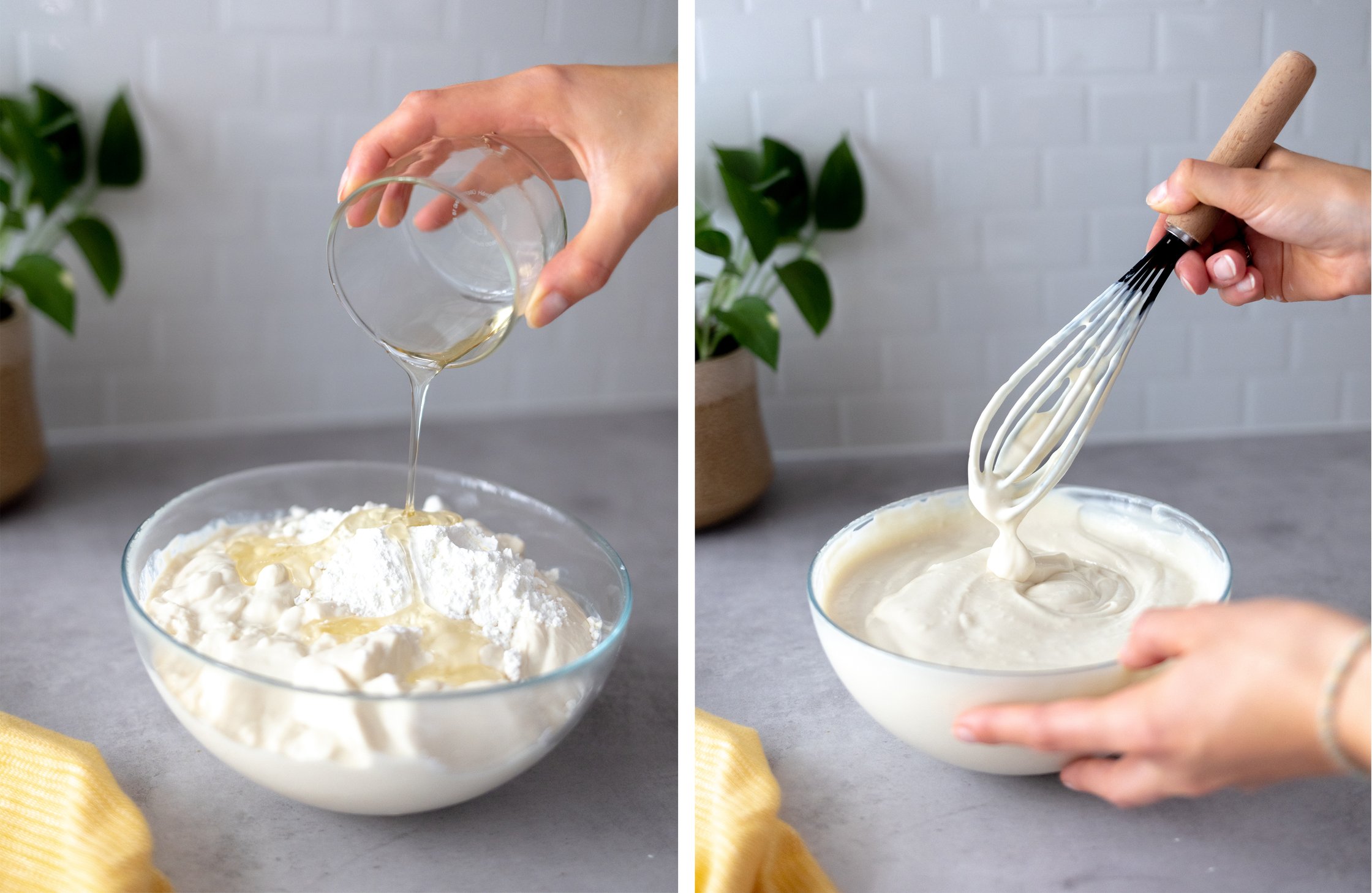 vegan curd layer is prepared. left: agave syrup is added to the bowl. right: vegan curd is blended