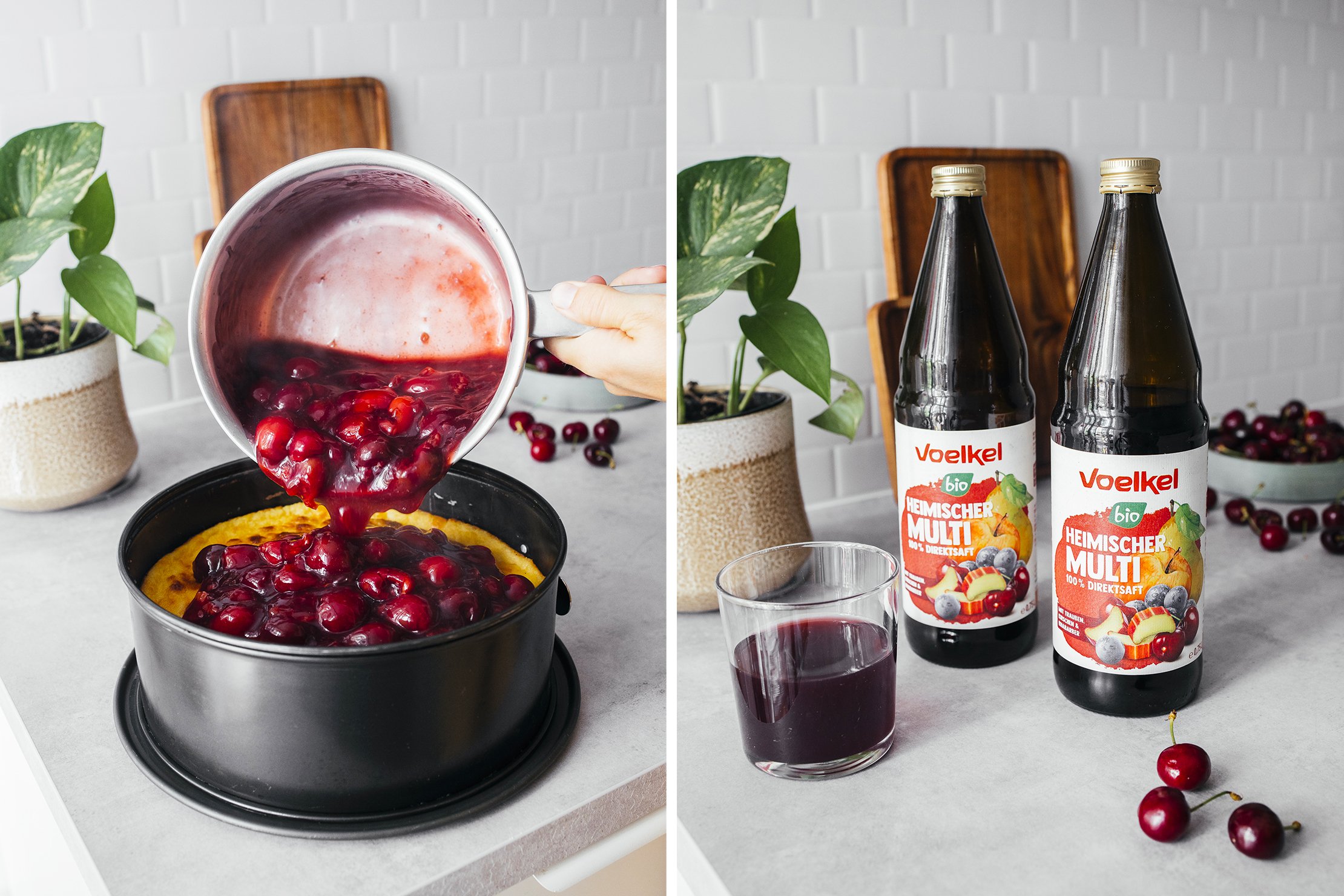 Kirschmasse wird auf Käsekuchen gegeben, 2 Flaschen Saft stehen neben einem Glas