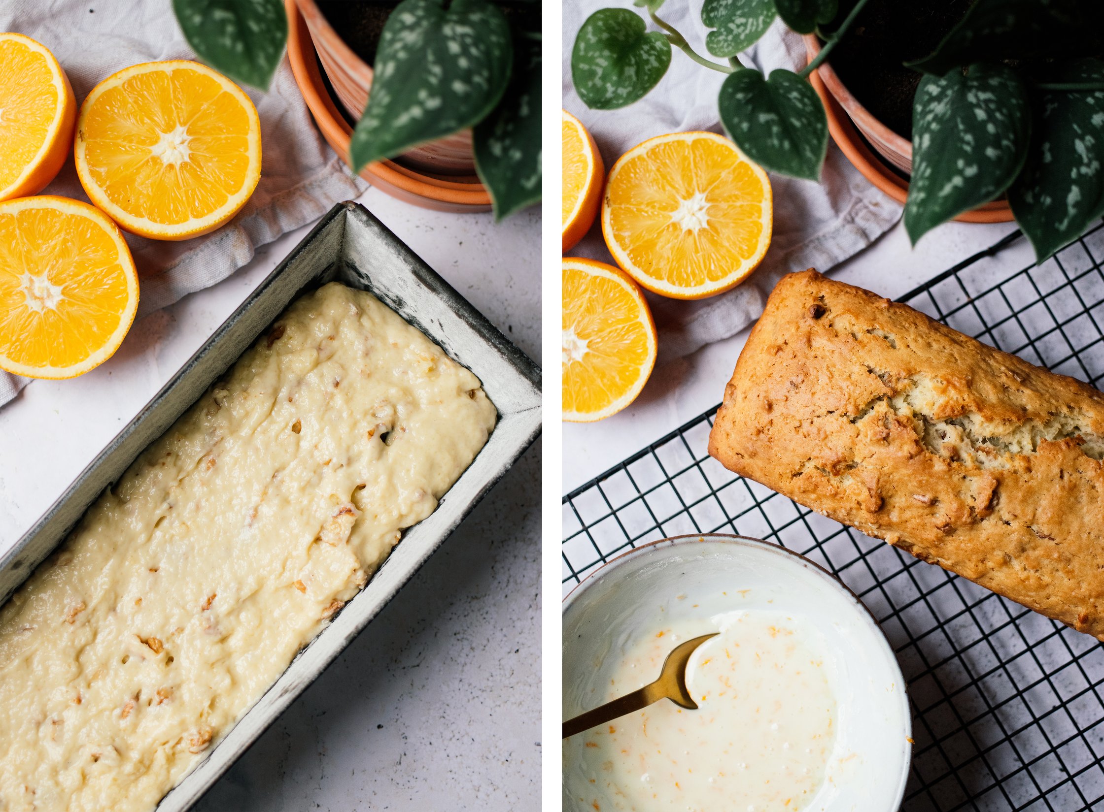 Veganer Orangen-Olivenöl-Kuchen mit Walnüssen vor und nach dem backen