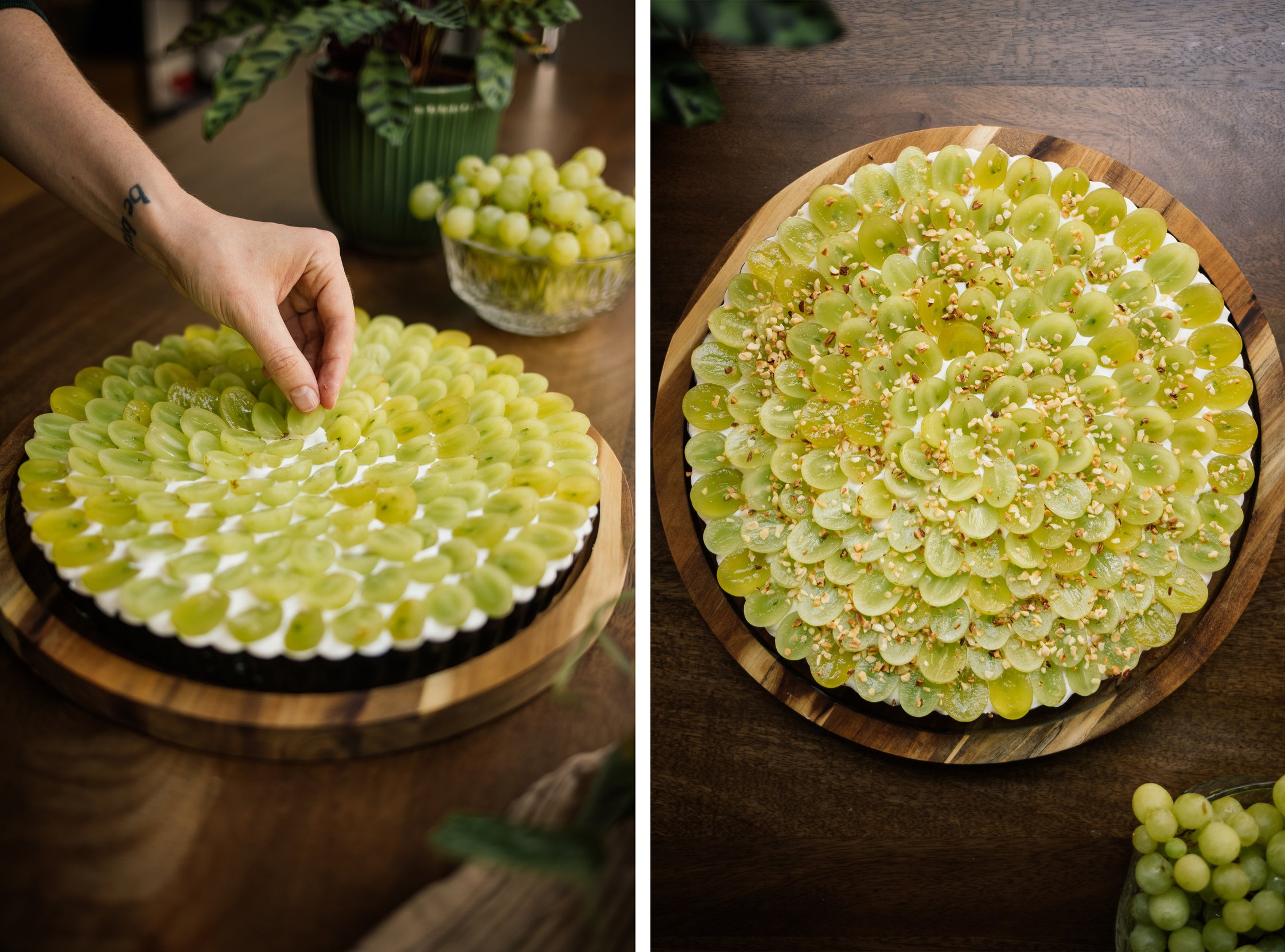 letzte weintraube wird auf die vegane joghurttorte gelegt