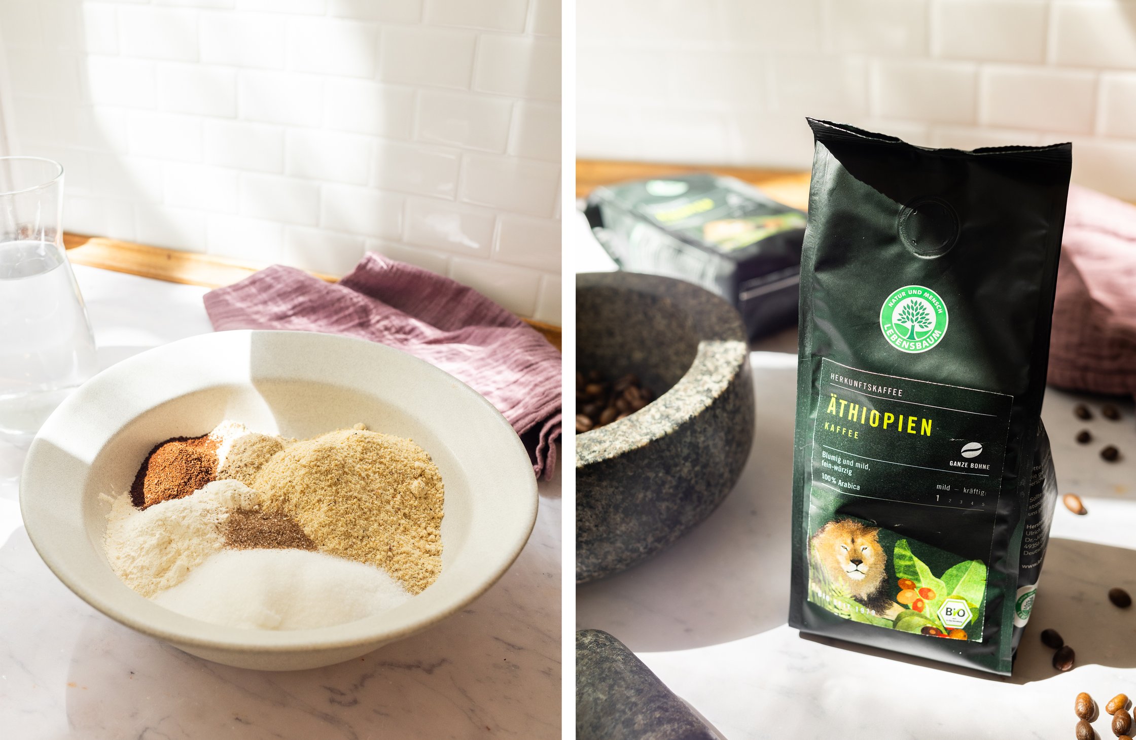 In this picture you can see the ingredients of the bases in a bowl and on the right side you can see the whole bean pack from