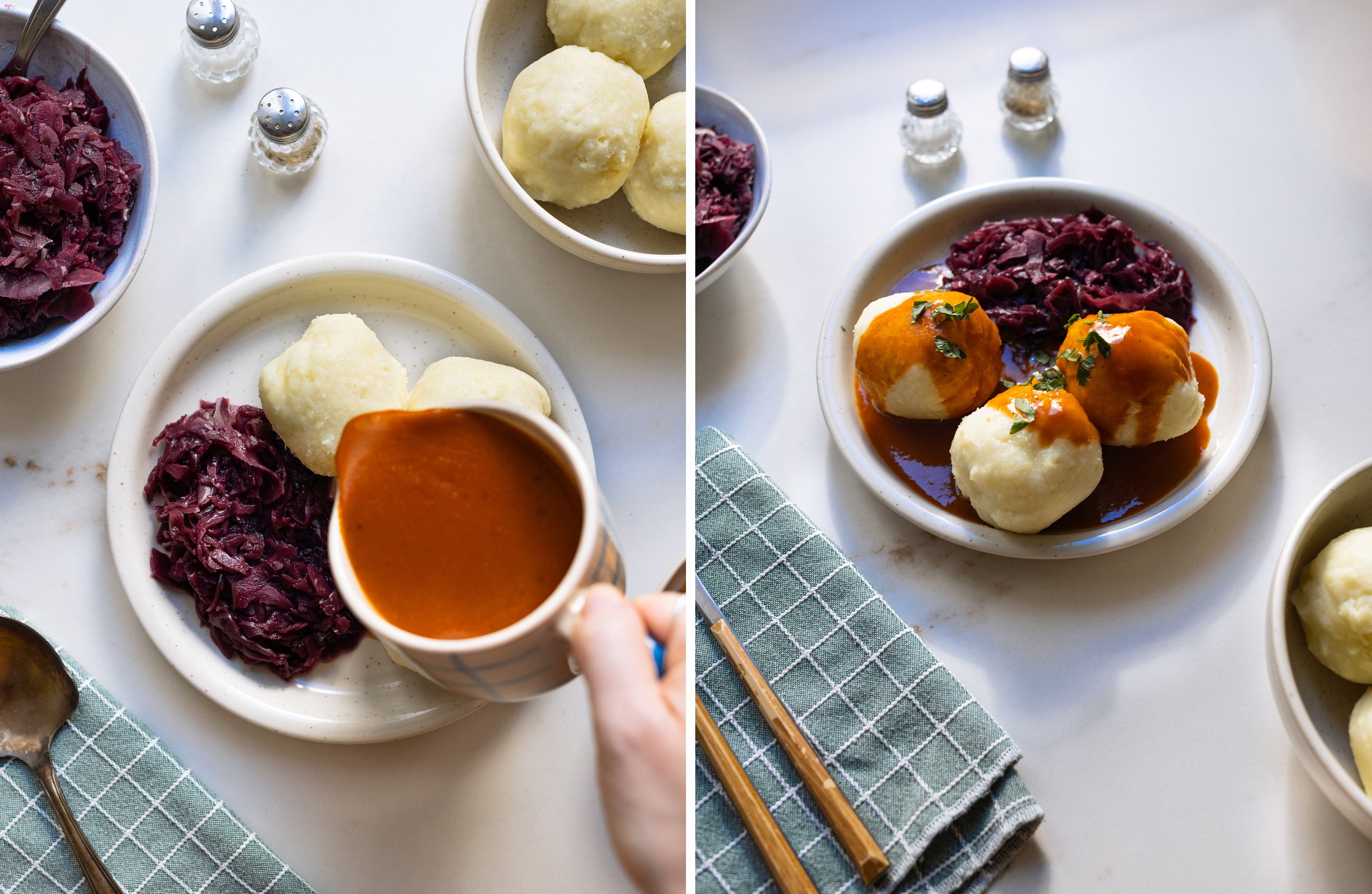 Zweigeteiltes Bild: Gießen der Bratensoße auf Kartoffelklöße und ein Teller mit Klößen, Rotkohl und der veganen Bratensoße.