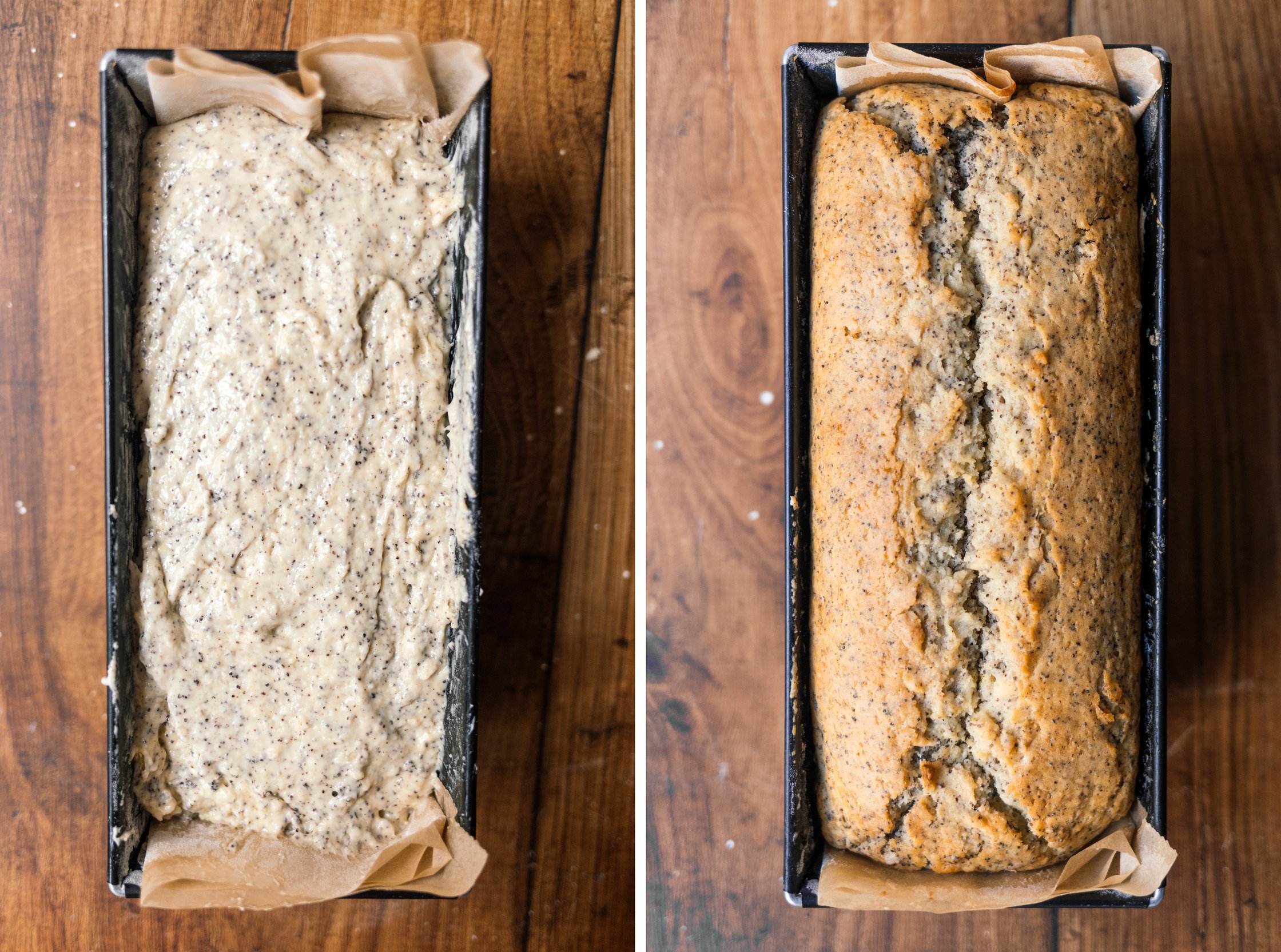 Vegan Lemon Poppy Seed Cake before and after baking