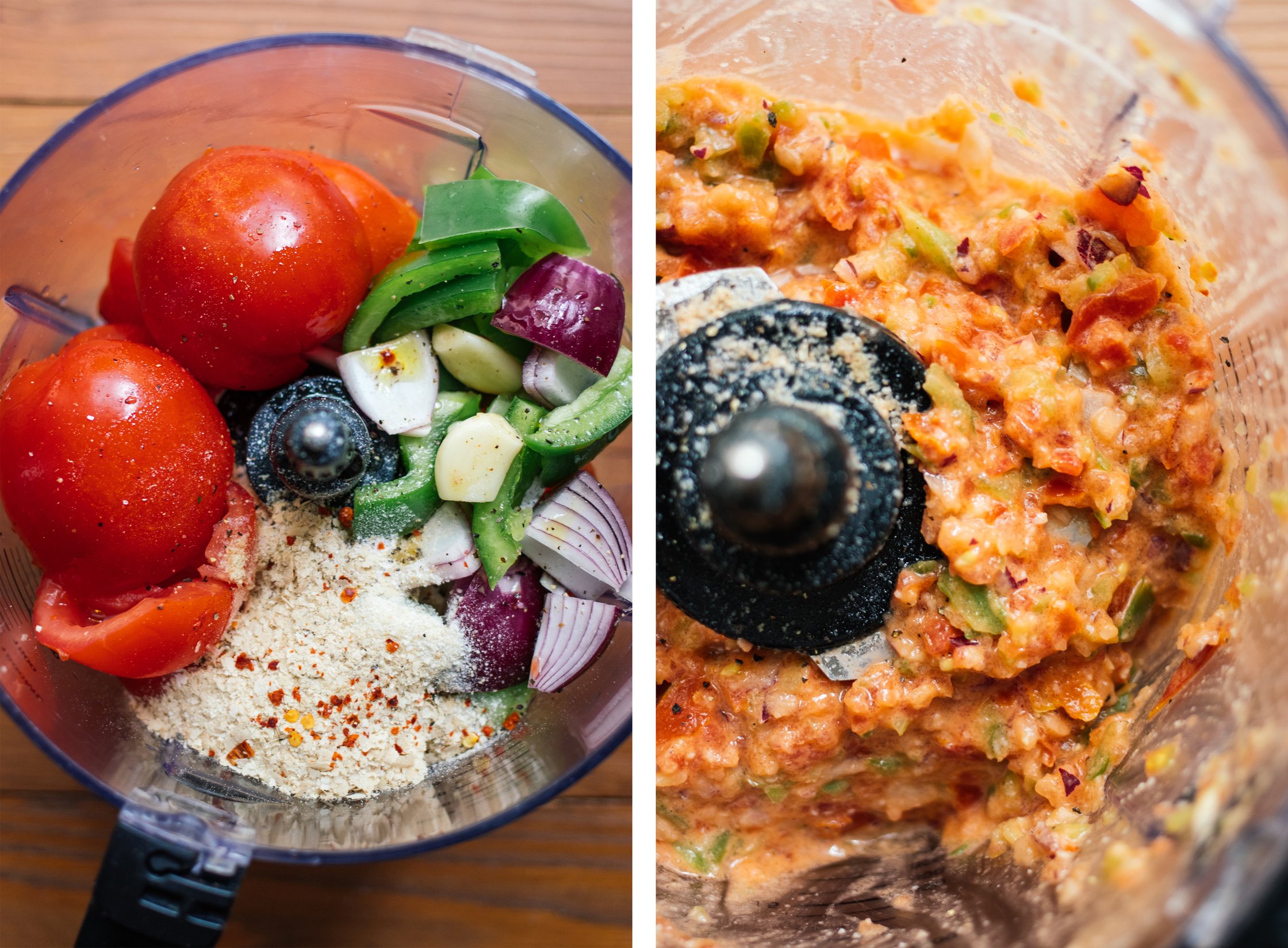 ingredient for gazpacho before and after mixing in a food processor