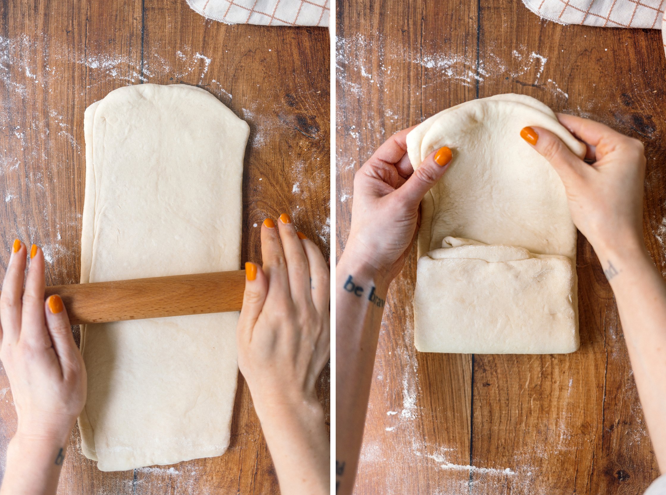 rolling out and folding vegan dough