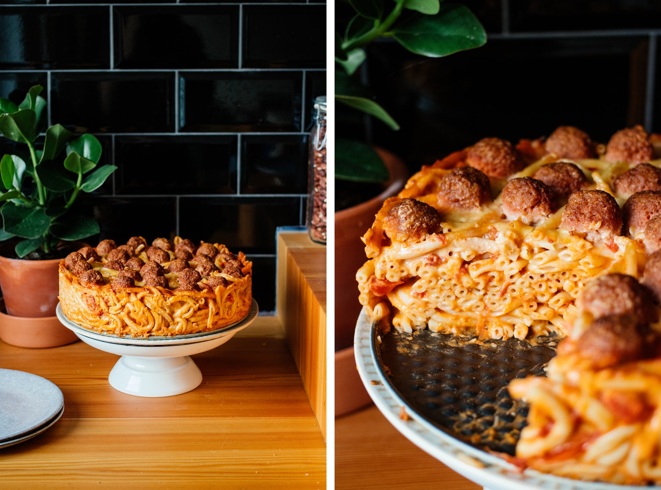 Vegan Macaroni Pie with Meatless Meatballs cut open