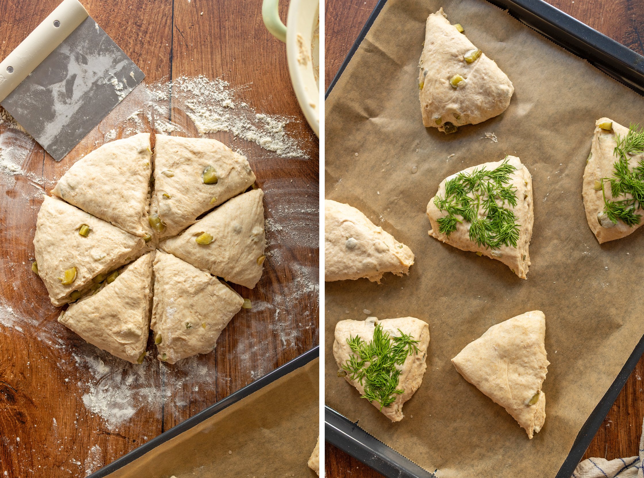 Selbstgebackene Sonntagsbrötchen mit Gewürzgurken und Dill vor dem backen
