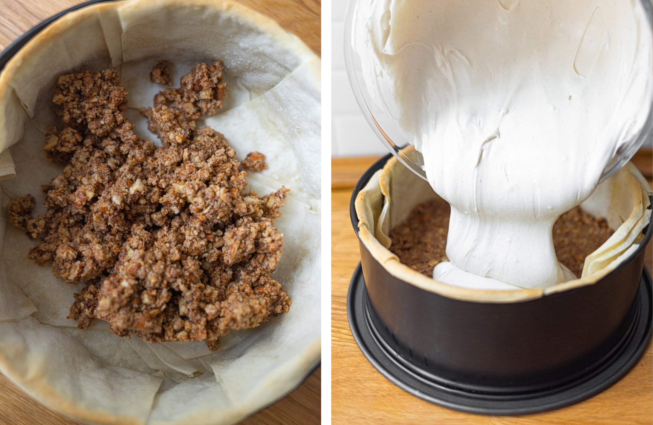 links: Backform mit filo teig, Keksboden
rechts: backform mit Kuchenboden und Veganer käsekuchenmasse