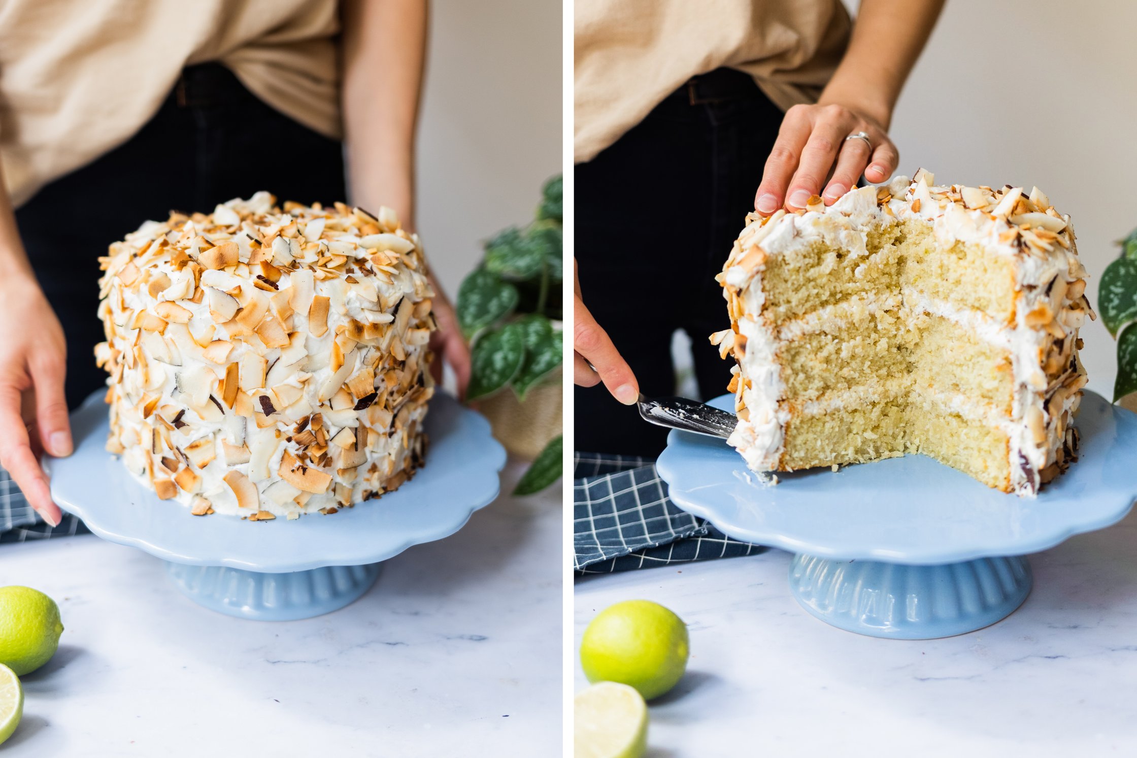 cutted vegan coconut lime cake on a cake plate