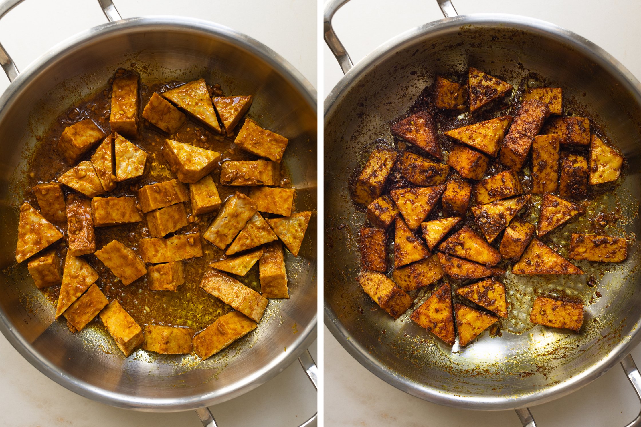 tempeh before and after frying in a pan