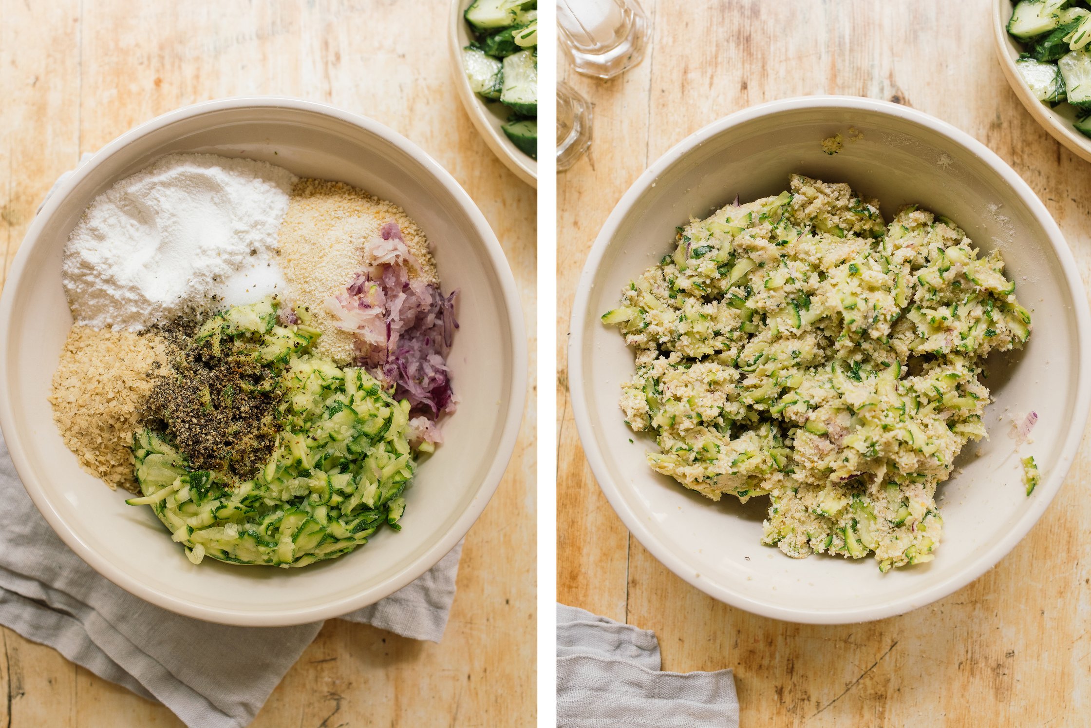 Teig für vegane Zucchinipuffer wird vermengt