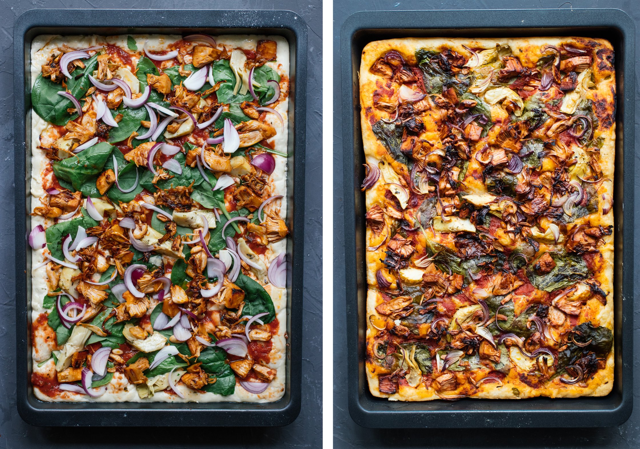 vegan sheetpan bbq pizza before and after baking
