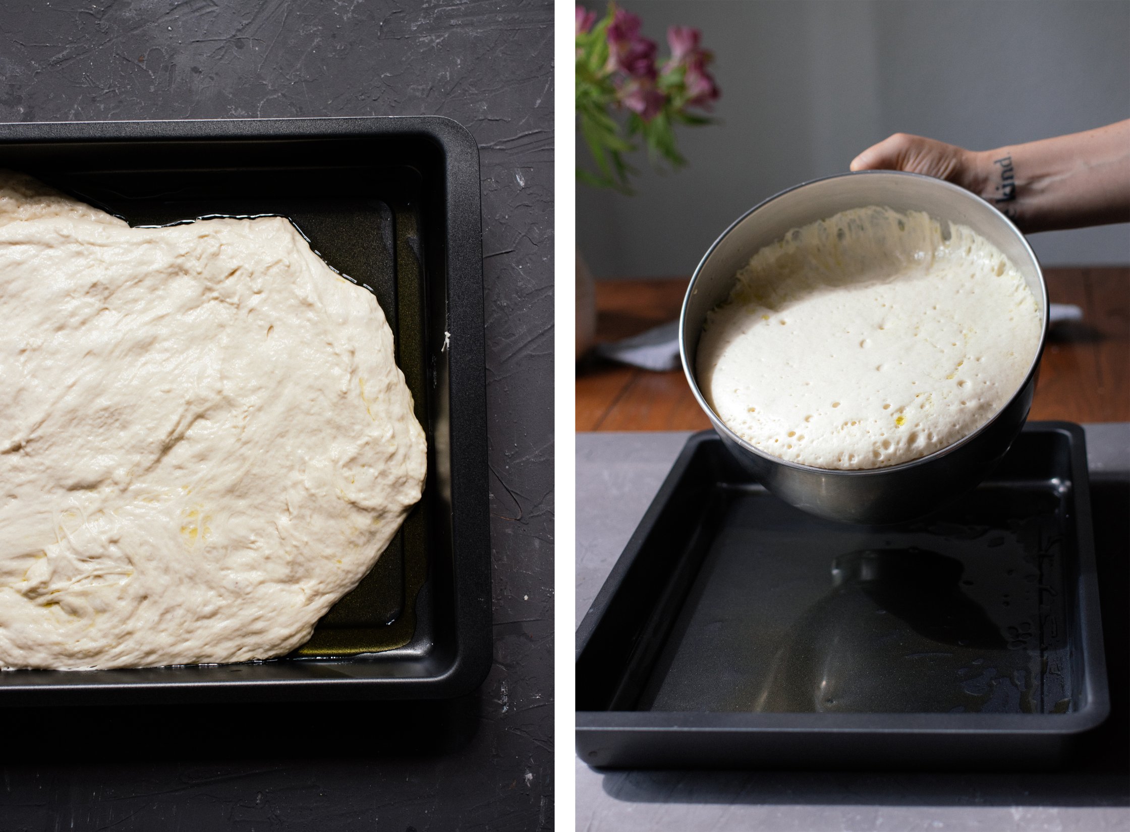 adding risen yeast dough to a baking sheet