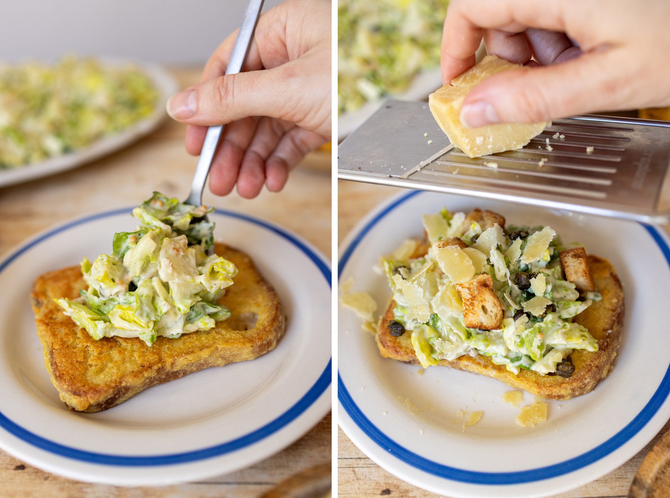 vegan gluten free french toast is topped with caesar salad and vegan parmesan cheese