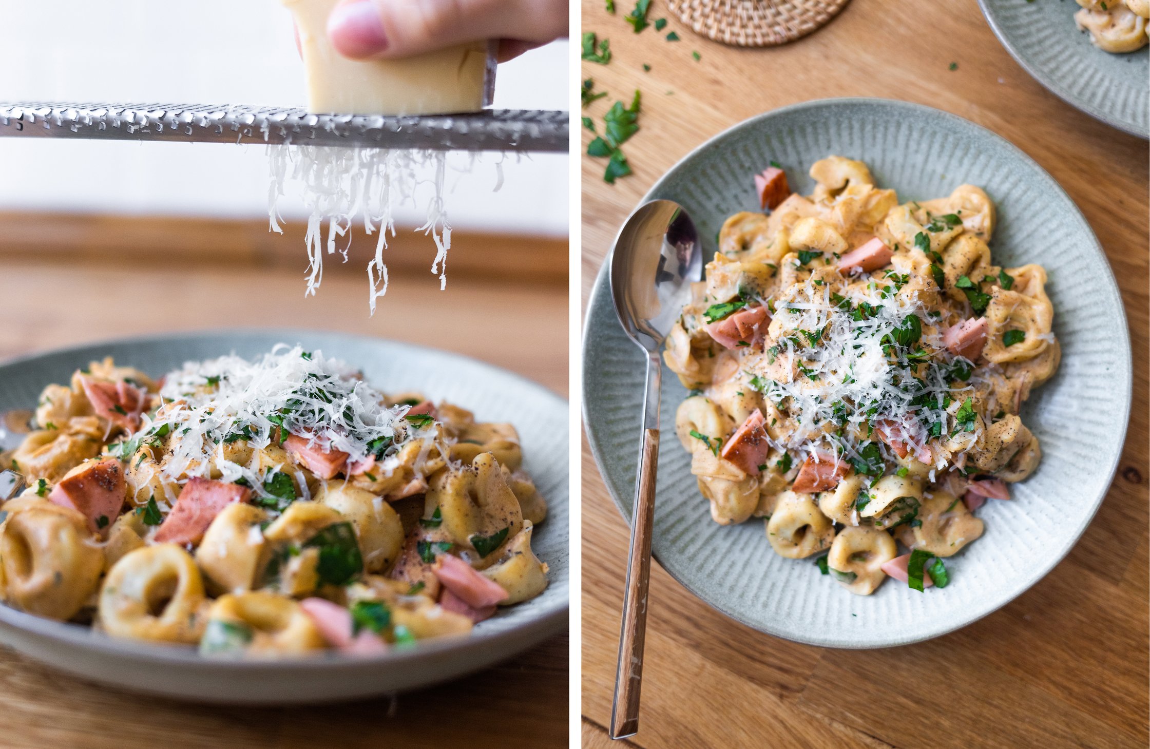 links: veganer Parmesan wird über Tortellini gerieben
rechts: ein Teller mit veganen Tortellini mit Schinken-Sahne-Soße
