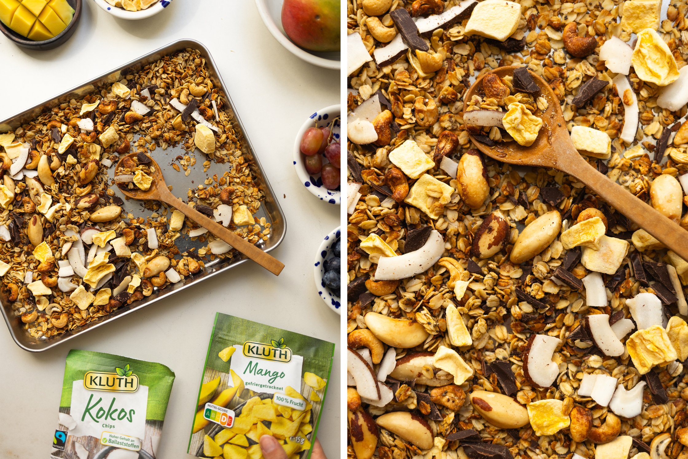Two packets of Kluth’s freeze-dried mango and coconut chips, and a close-up of the toasted granola with coconut, oats, mango