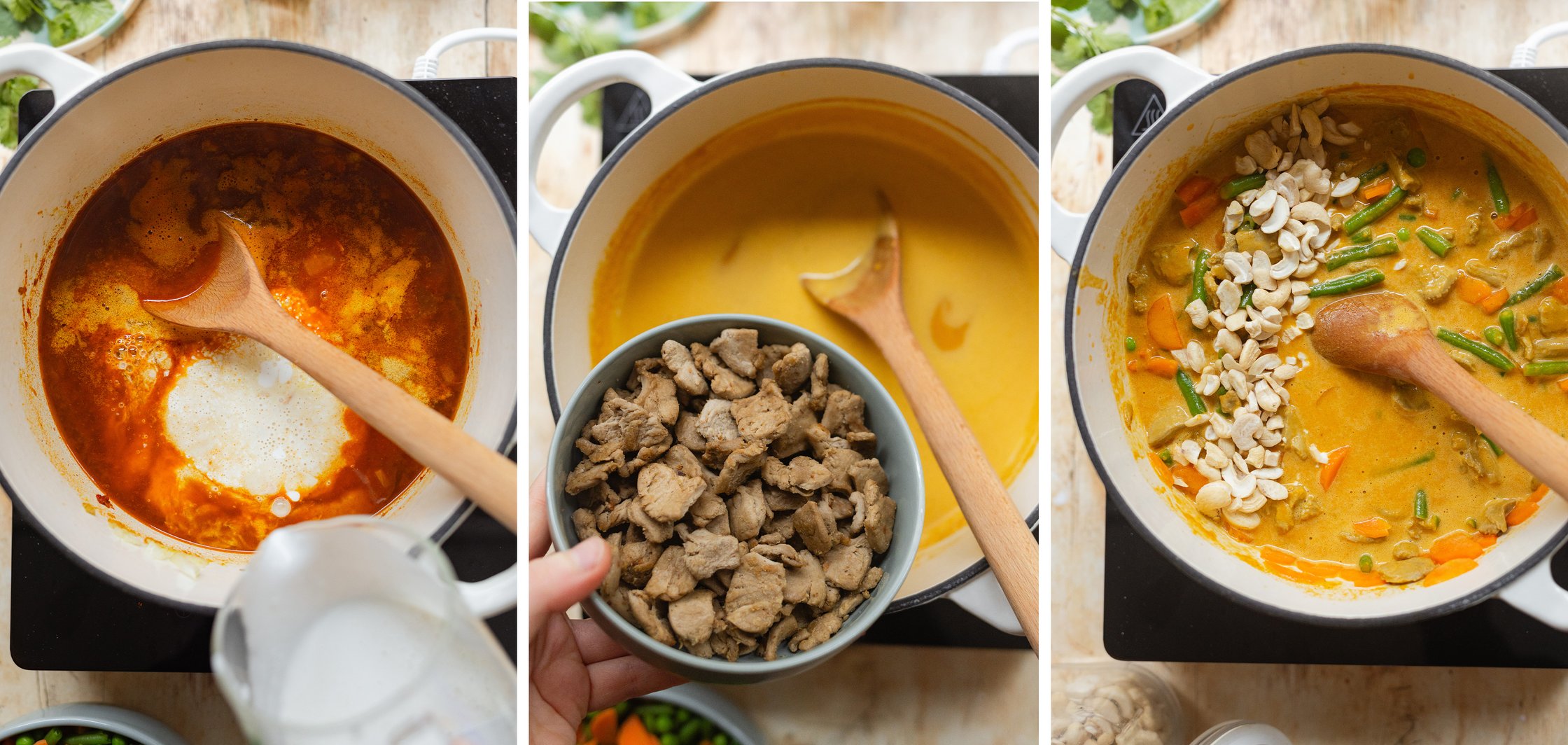 vegan korma is prepared in a pot