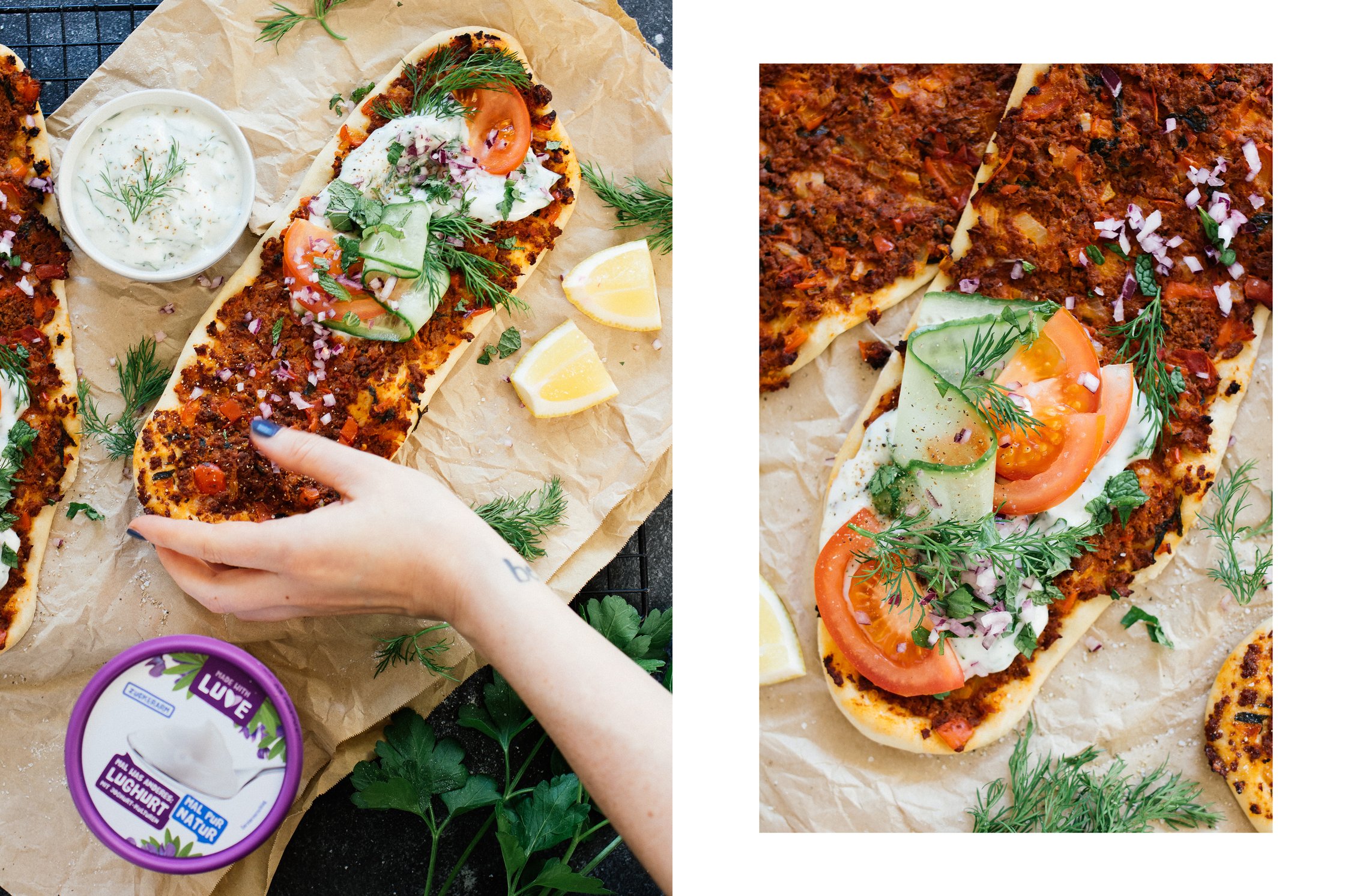 vegan Turkish pizza with herbed yogurt