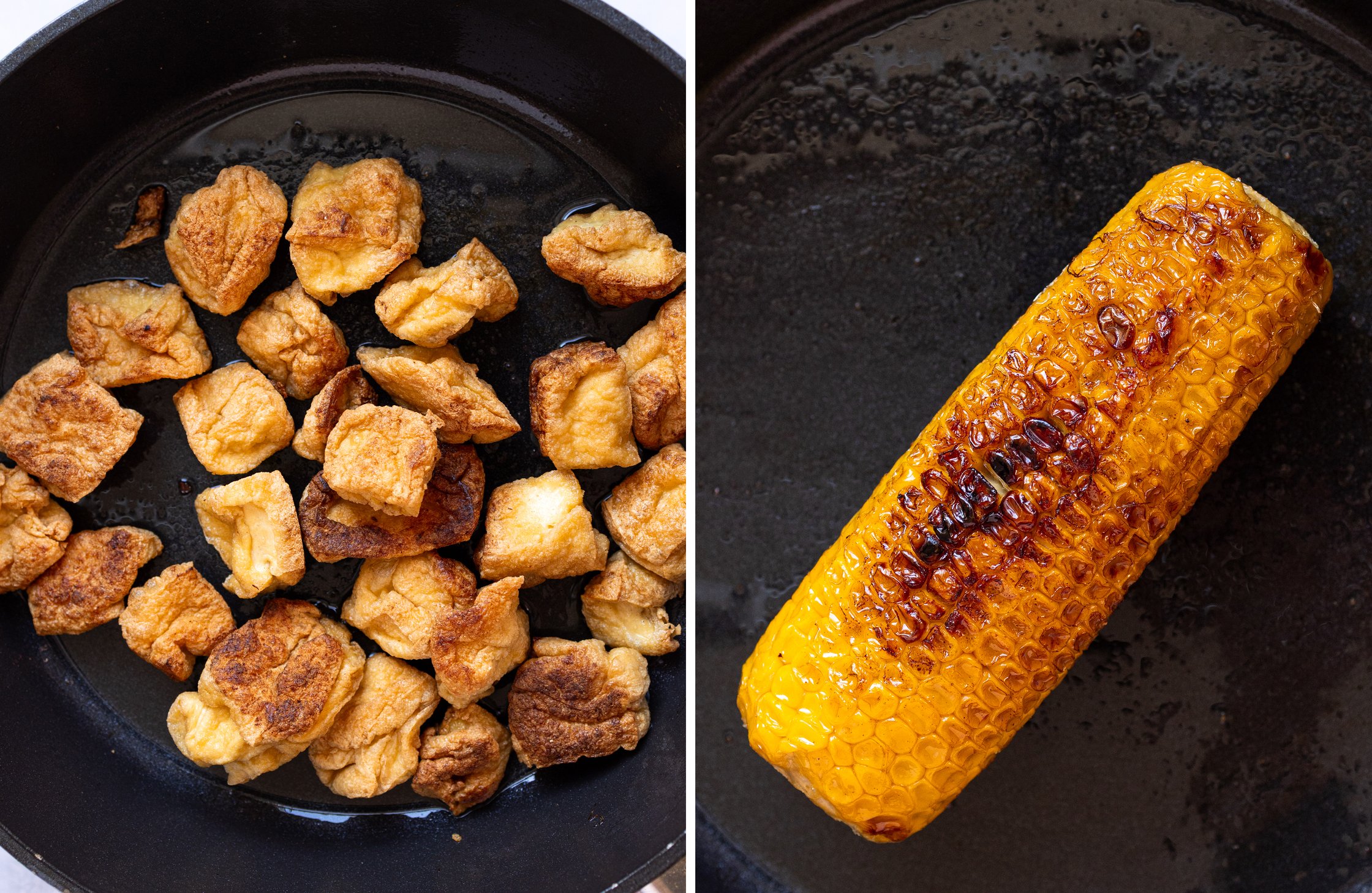 Split image: On the left, cubed baked tofu; on the right, a golden-brown roasted ear of corn. Both are in a cast-iron skillet