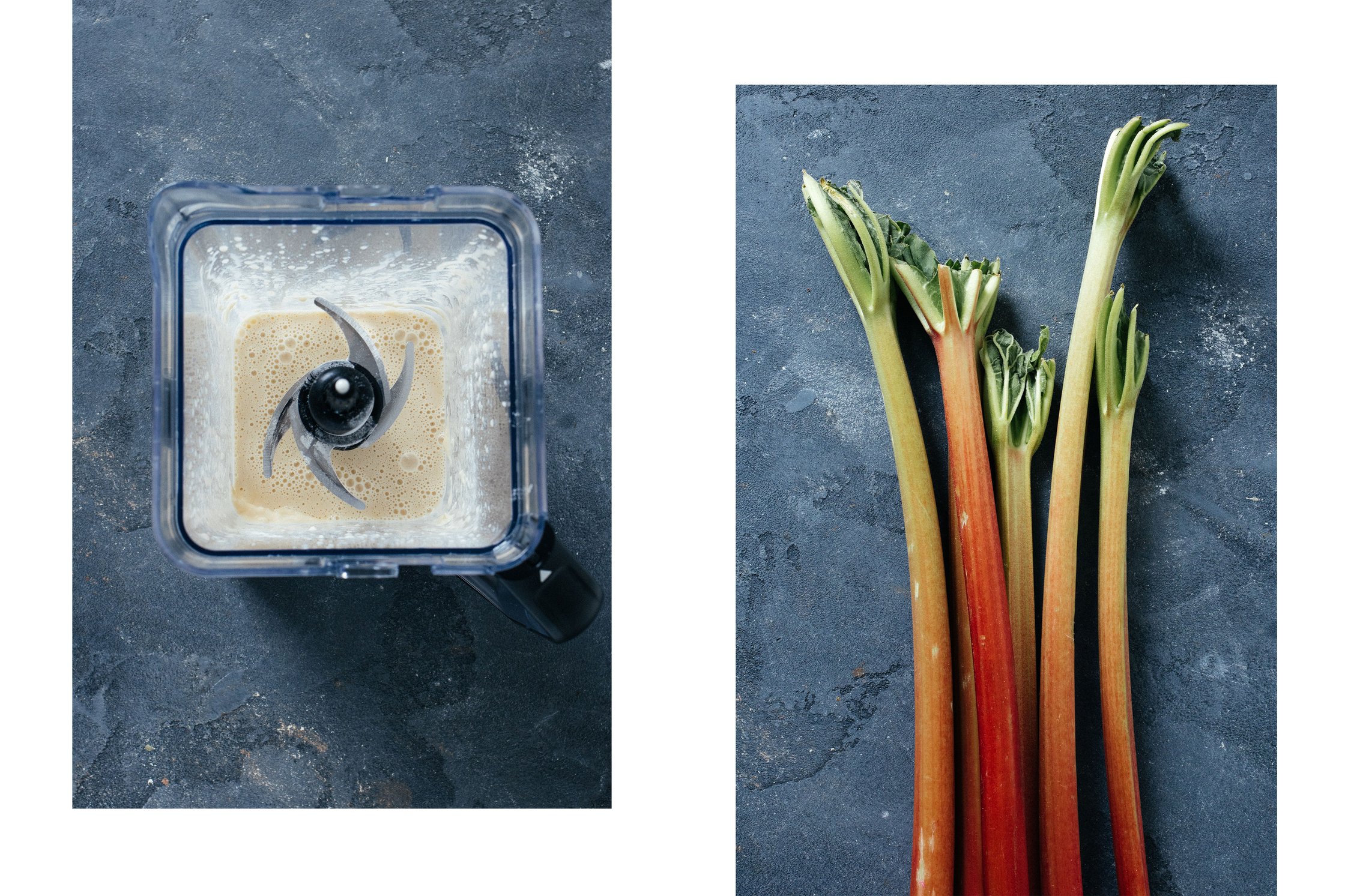 on the left: dough in a blender, on the left: rhubarb