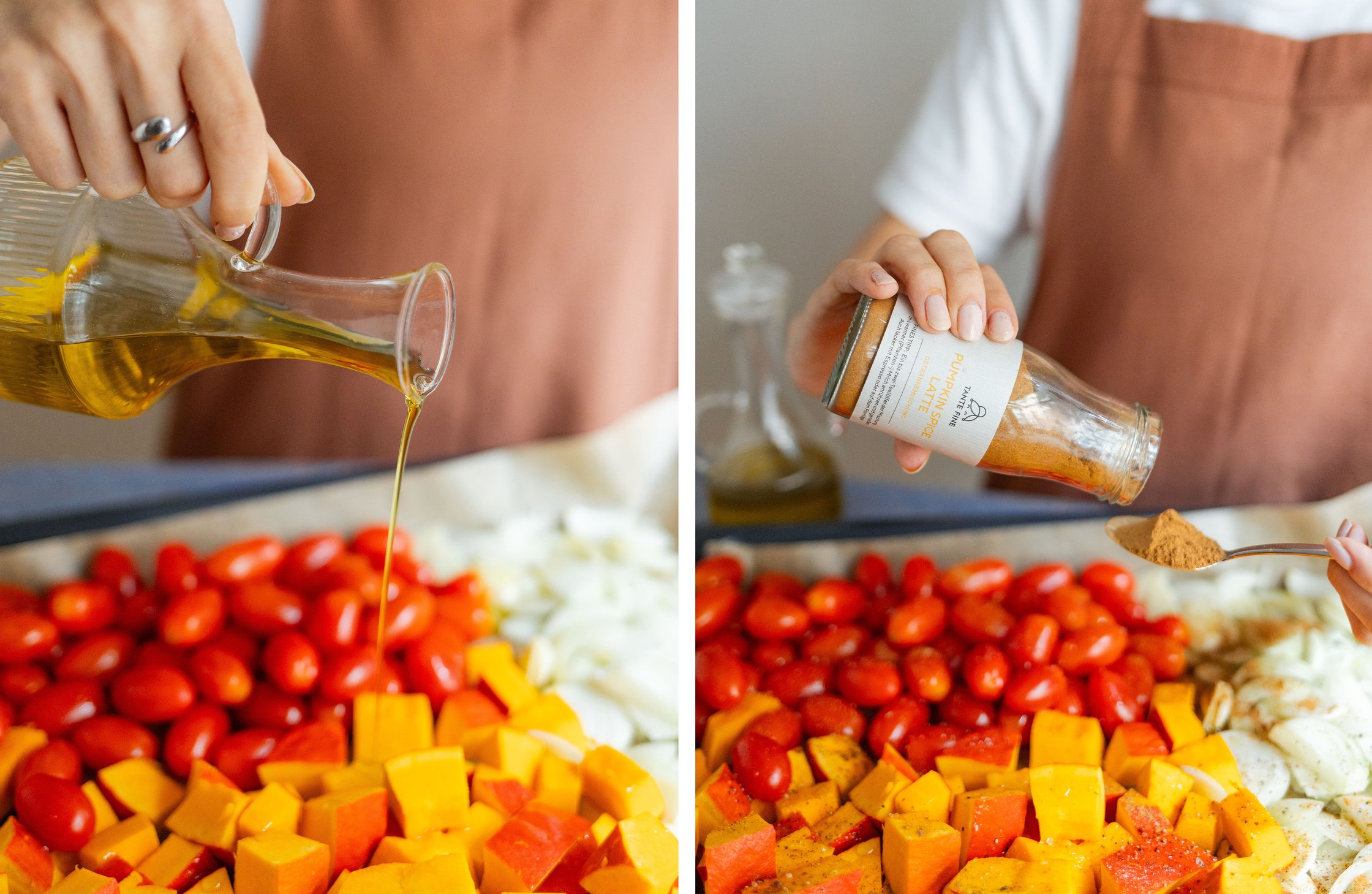 Olivenöl und Pumpkin Spice über das Gemüse geben