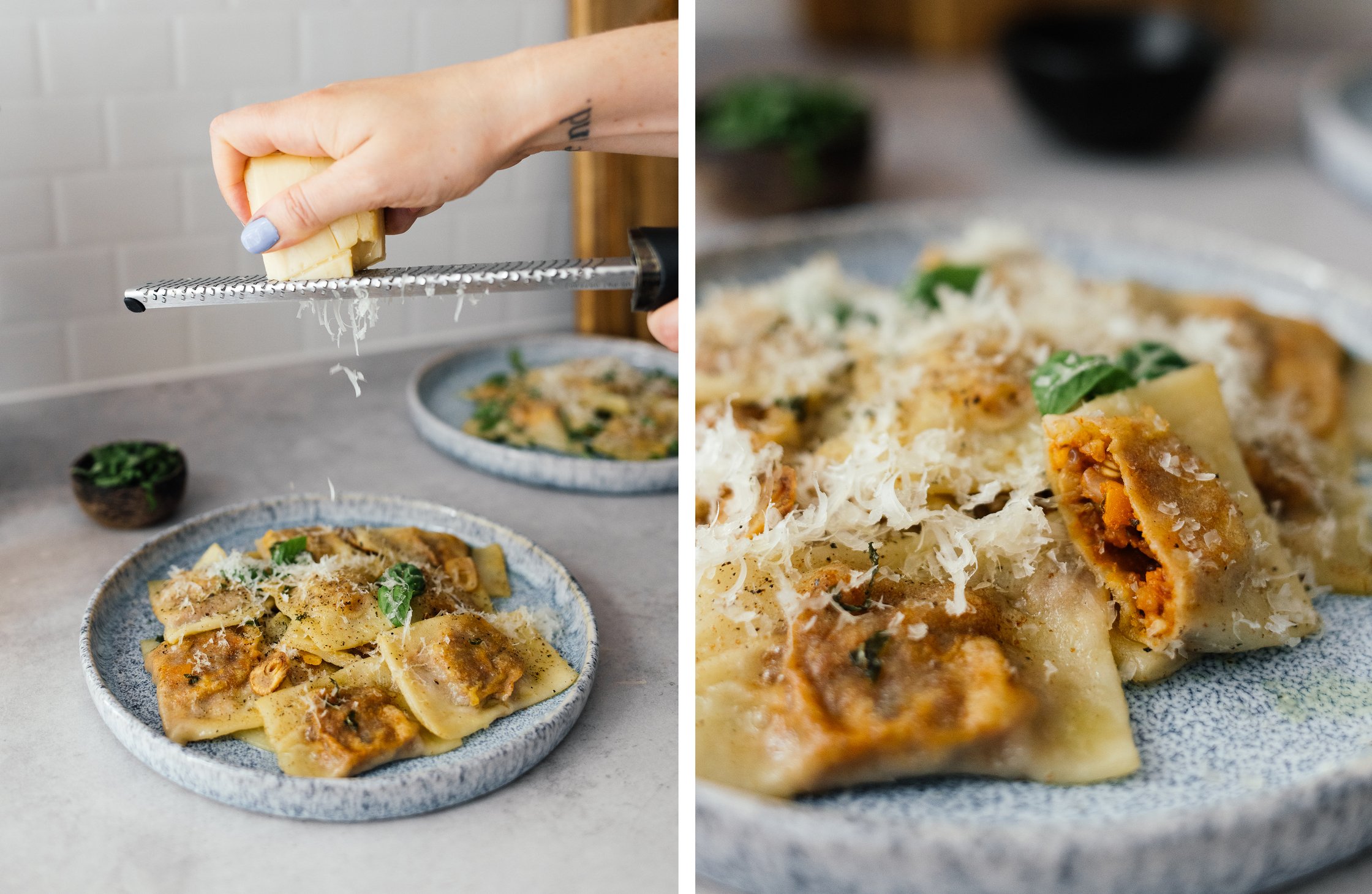 grating parmesan cheese; cut ravioli